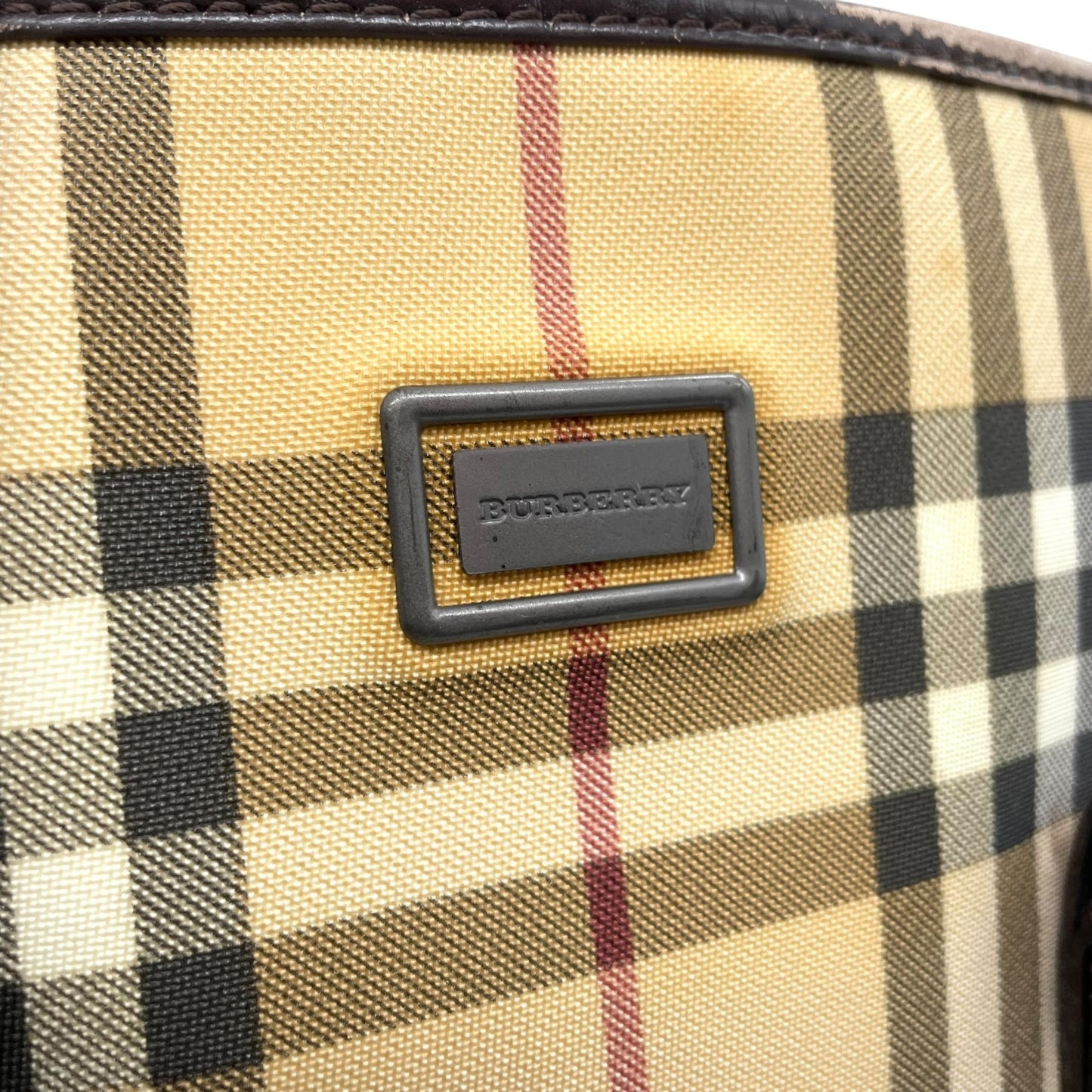美品 BURBERRY バーバリー ノバチェック バケツ型 ショルダーバッグ トートバッグ PVC レザー ベージュ レッド ダークブラウン メンズ レディース 肩掛け C3