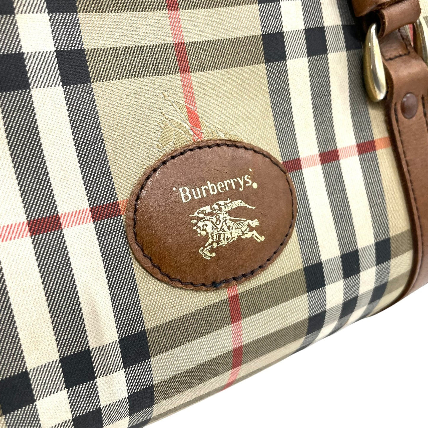 美品 BURBERRY バーバリー ボストンバッグ ノバチェック ホースロゴ シャドーホース ブラウン ベージュ キャンバス レザー ゴールド金具 メンズ レディース C