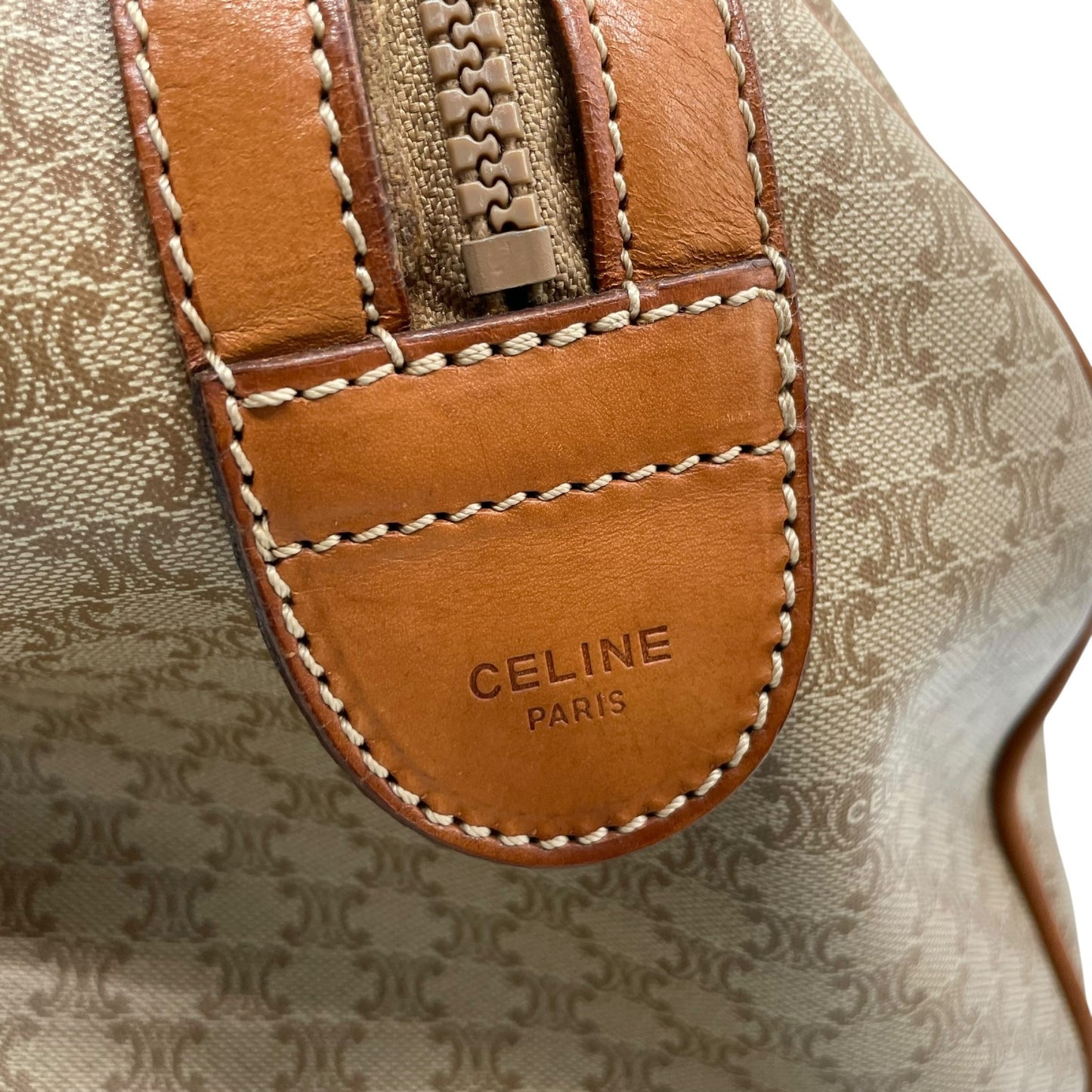 美品 セリーヌ CELINE マカダム柄 ボストンバッグ ハンドバッグ ブラウン 茶色 ベージュ トリオンフロゴ PVC×レザー ヴィンテージ 大容量 バッグ B