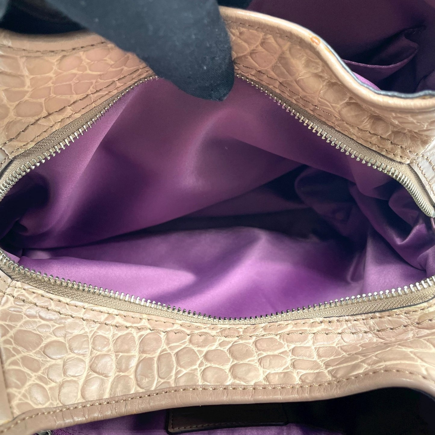 コーチ COACH ショルダーバッグ クロコ型押しレザー ベージュ シルバー金具 ホーボー トート T3