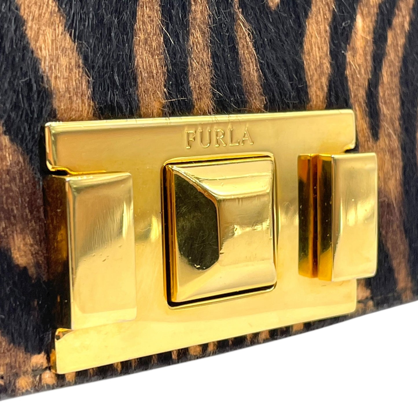 フルラ FURLA ハラコ レザー チェーンショルダーバッグ ゼブラ柄 アニマル柄 茶色 ブラン 金金具 ゴールド金具 ミニバッグ C14