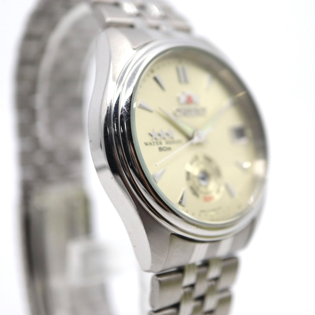 未使用品　オリエント　スリースター　腕時計　シルバー　デイデイト　自動巻き　日本製　ステンレススチール　カレンダー　アナログ　メンズ　ORIENT　クラシック　ウォッチ G4