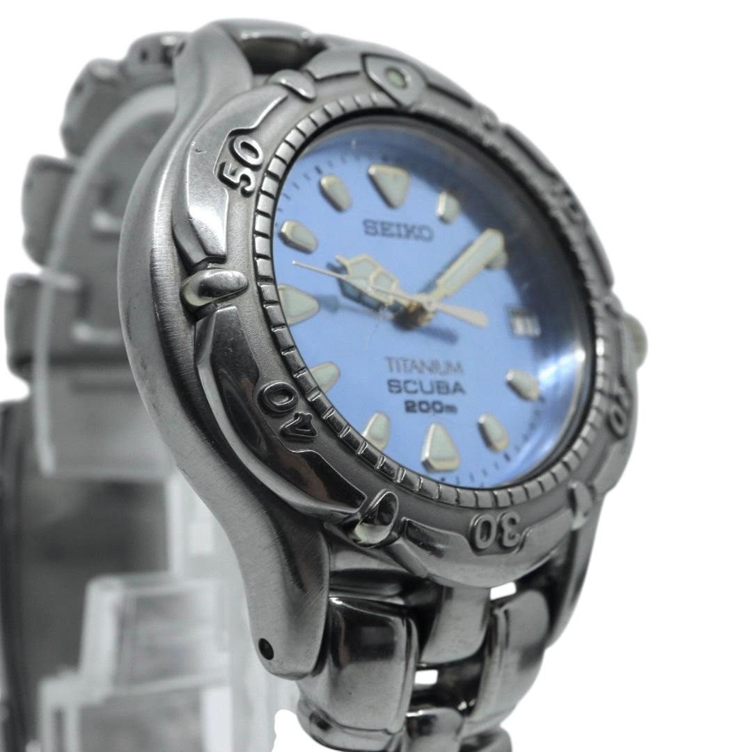 【電池交換済】 seiko セイコー プロスペックス スキューバ 200M 7N35-6120 ダイバーズウォッチ 腕時計 メンズ チタン クオーツ ブルーダイヤル デイト表示 回転ベゼル スポーツ ヴィンテージ 希少モデル クリーニング済み G4