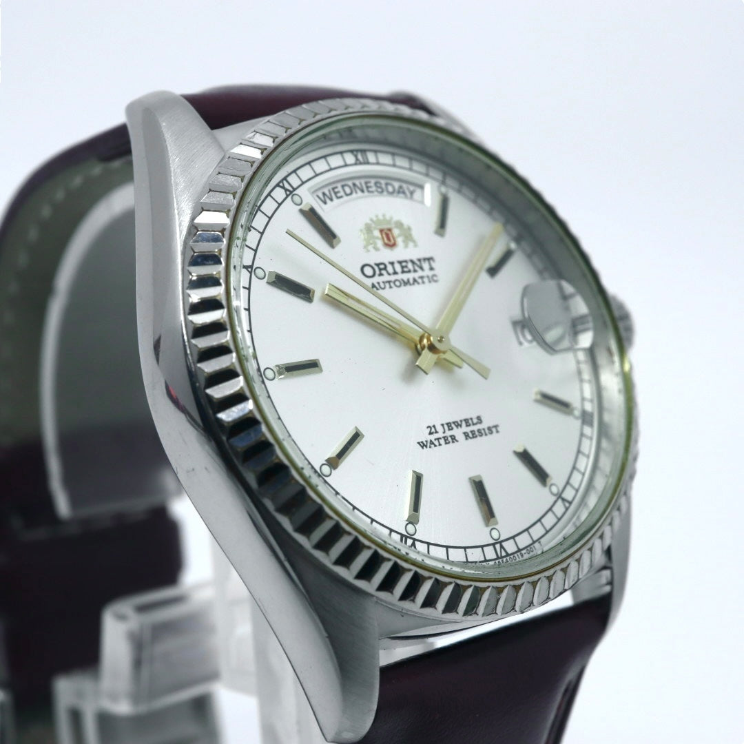【極美品】 稼働品 新品ベルト ORIENT オリエント 腕時計 46E701-91 自動巻き 21石 デイデイト シルバーダイヤル メンズ アナログ ドレスウォッチ フルーテッドベゼル クラシック ヴィンテージ ビジネス ブラウンレザー G4
