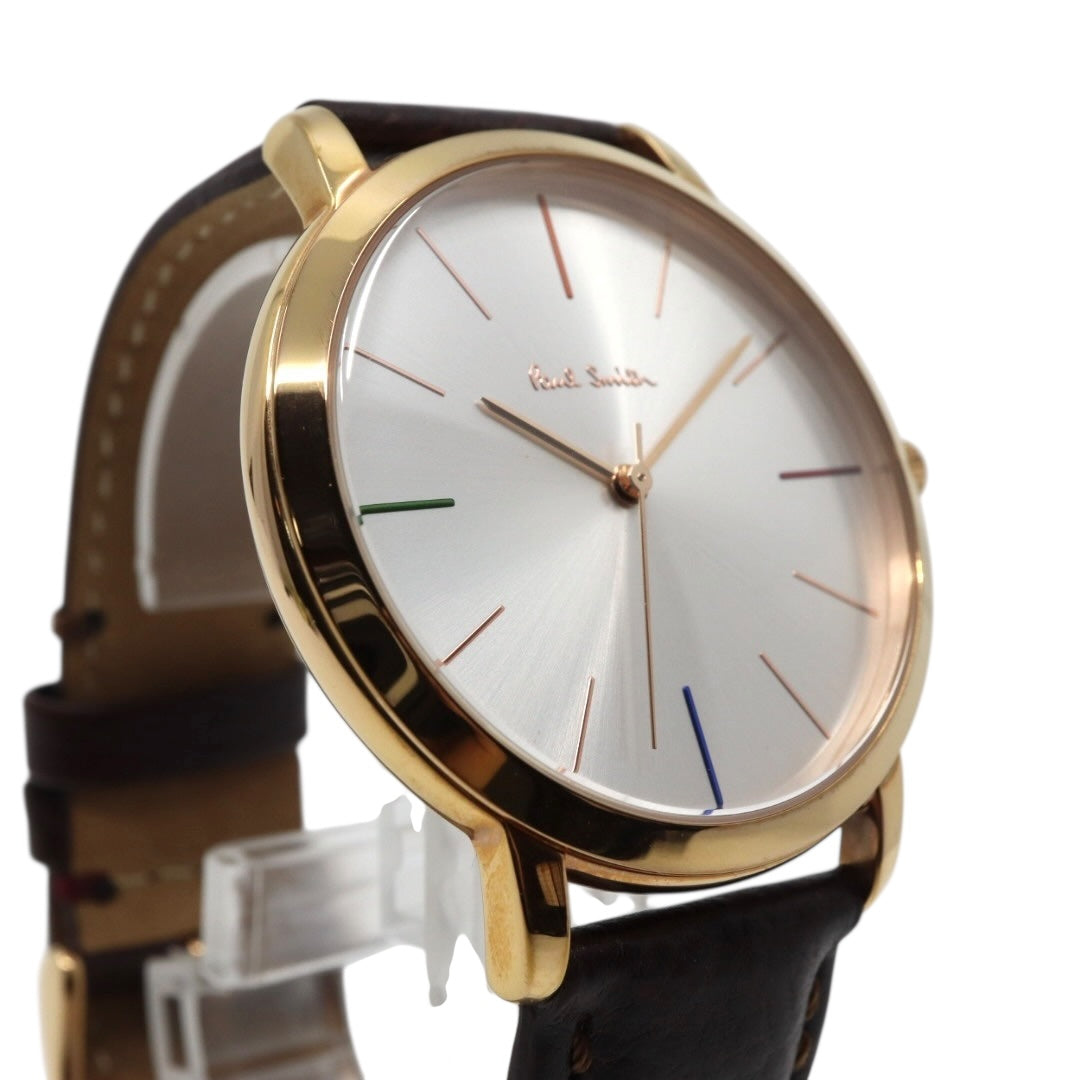 【美品】ポールスミス 腕時計 The City Slim 1005 メンズ クオーツ アナログ シルバーダイヤル ブラウンレザーベルト ゴールドケース シンプル クラシック ビジネス ドレスウォッチ エレガント 薄型 クリーニング済み G2