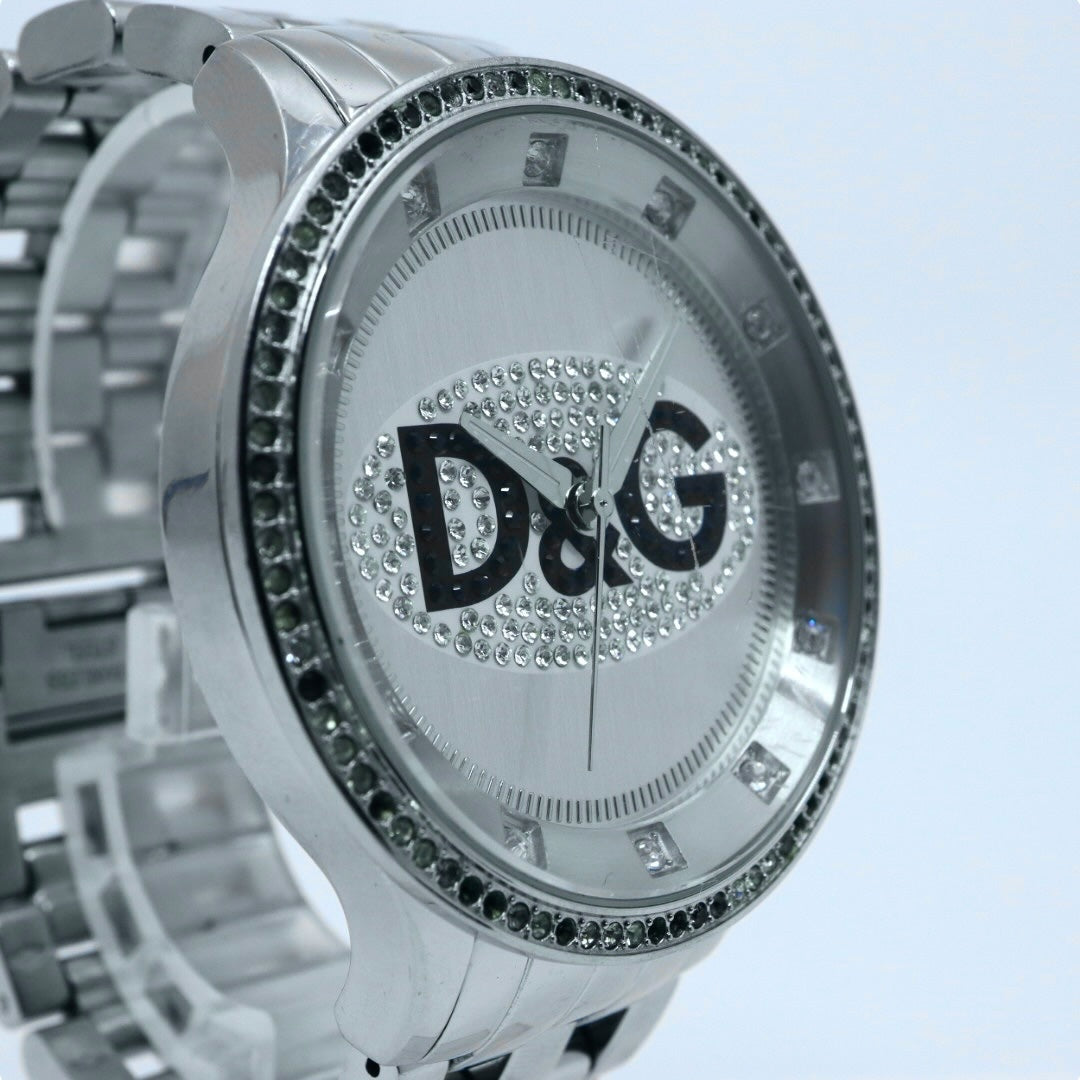【電池交換済】D&G ドルチェ＆ガッバーナ 腕時計 ラインストーン D&Gロゴ メンズ レディース ユニセックス クオーツ アナログ シルバー ブレスレットウォッチ ドレスウォッチ ゴージャス エレガント ラグジュアリー クリーニング済み G2
