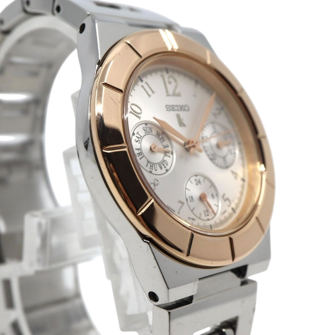 美品 【電池交換済】セイコー ルキア 腕時計 5Y89-0B30 レディース クオーツ デイデイト カレンダー 24時間計 シルバー ピンクゴールド コンビカラー ビジネス フォーマル ドレスウォッチ エレガント 上品 オフィス 日本製 クリーニング済み G2