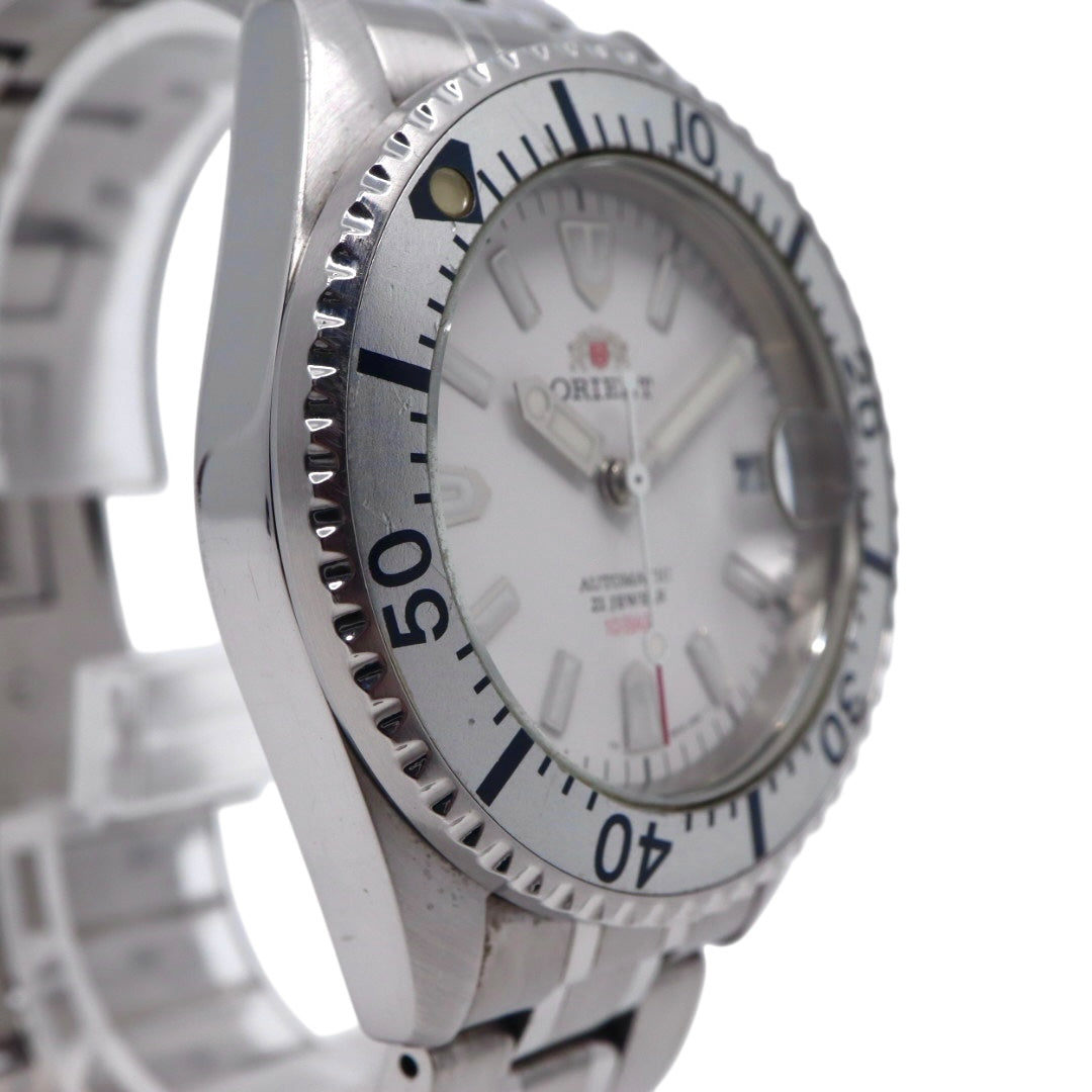 【美品】 orient オリエント キングマスター 腕時計 ER14-C2 自動巻き 21石 ダイバーズデザイン 10気圧防水 メンズ アナログ ホワイトダイヤル シルバー 回転ベゼル スポーツウォッチ ステンレス G2