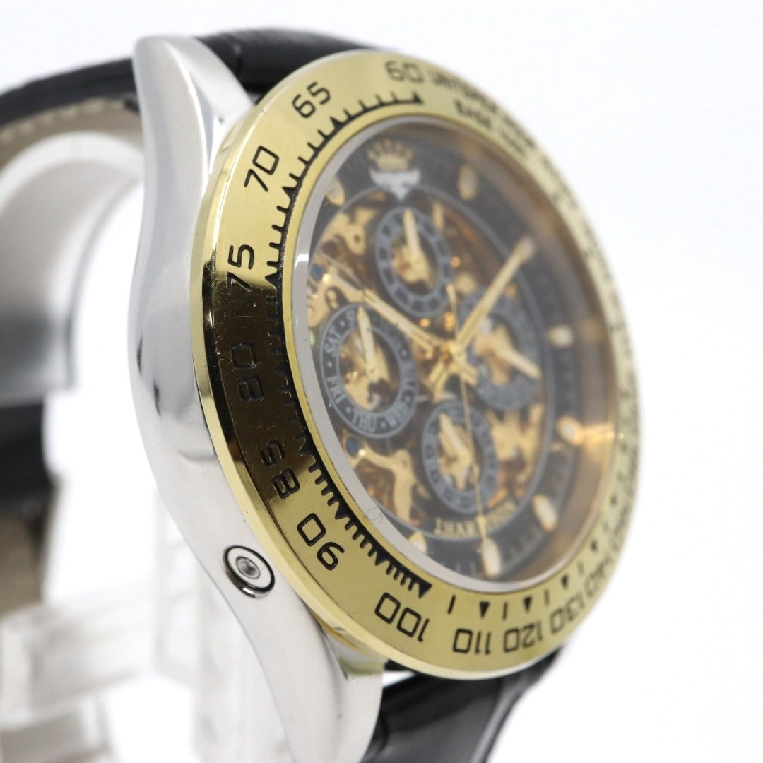 【極美品】ジョン・ハリソン J.Harrison 腕時計 JH-003C スケルトン 自動巻き ゴールド ブラック メンズ レザーベルト アナログ タキメーターベゼル シースルーバック クラシック ゴージャスデザイン G2
