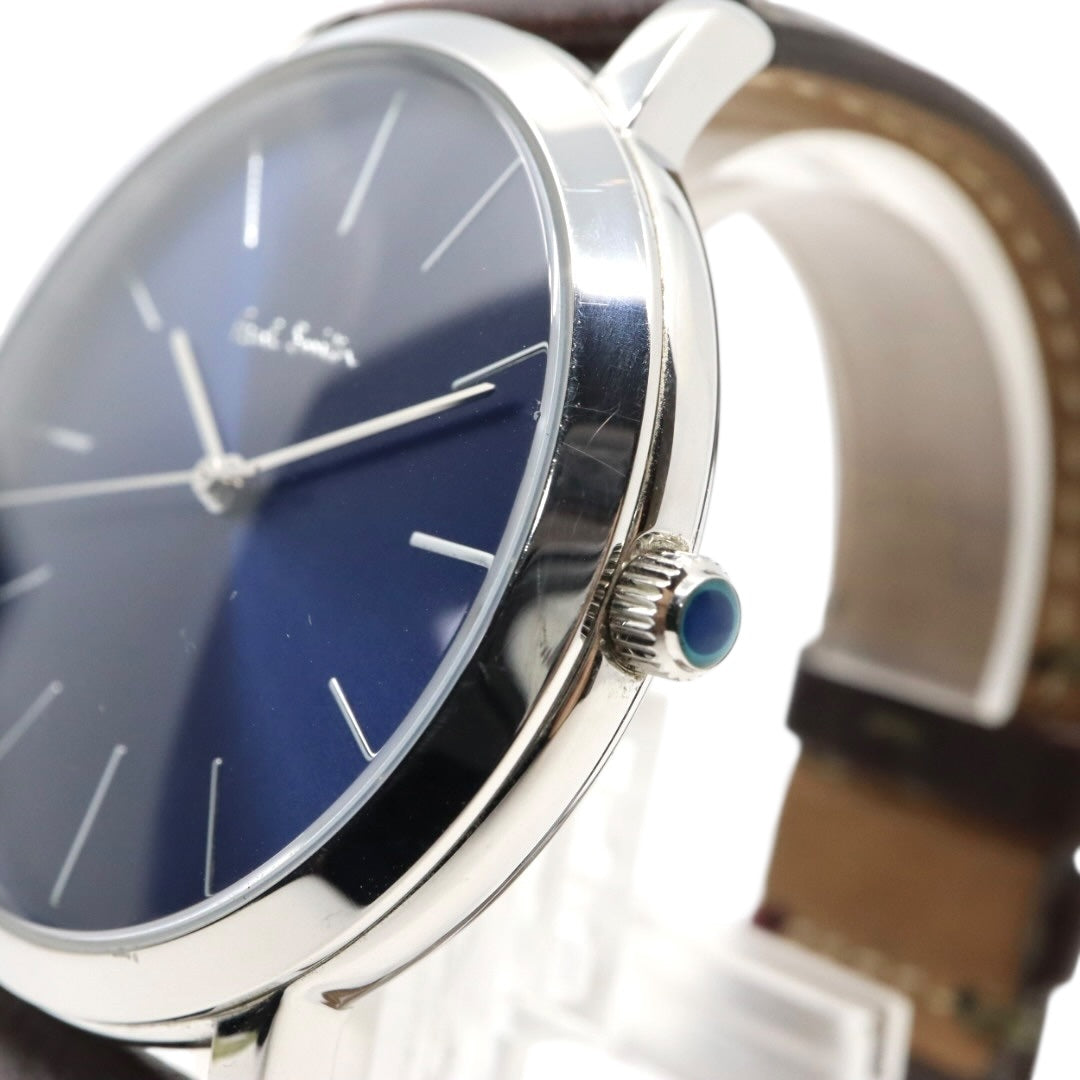 美品 【電池交換済】ポールスミス Paul Smith 腕時計 The City 1009 メンズ クオーツ アナログ ブルーダイヤル ブラウンレザーベルト シルバーケース シンプル クラシック ビジネス ドレスウォッチ エレガント クリーニング済み G2