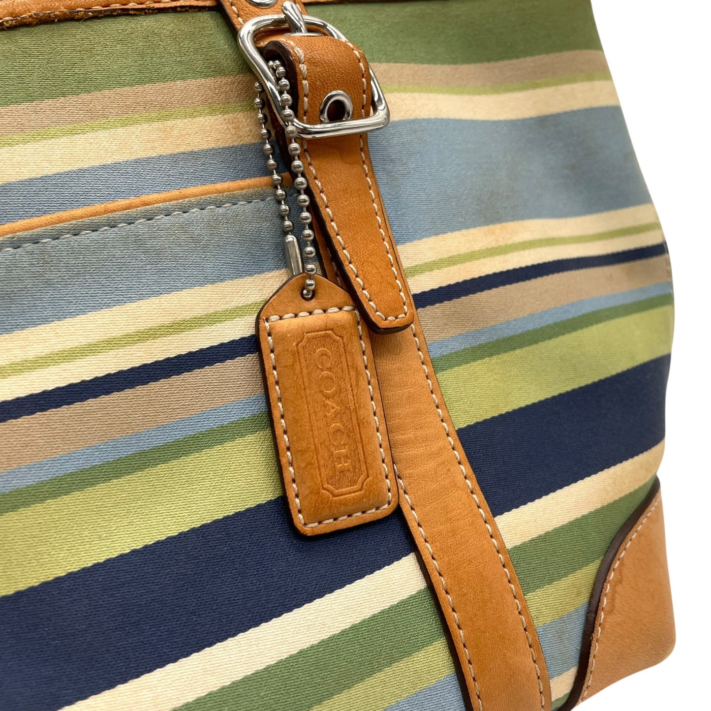 コーチ COACH ハンドバッグ ミニトート マルチストライプ ボーダー キャンバス レザー ロゴチャーム ファスナー開閉 ネイビー ブルー グリーン マルチカラー シルバー金具 手提げ レディース T1