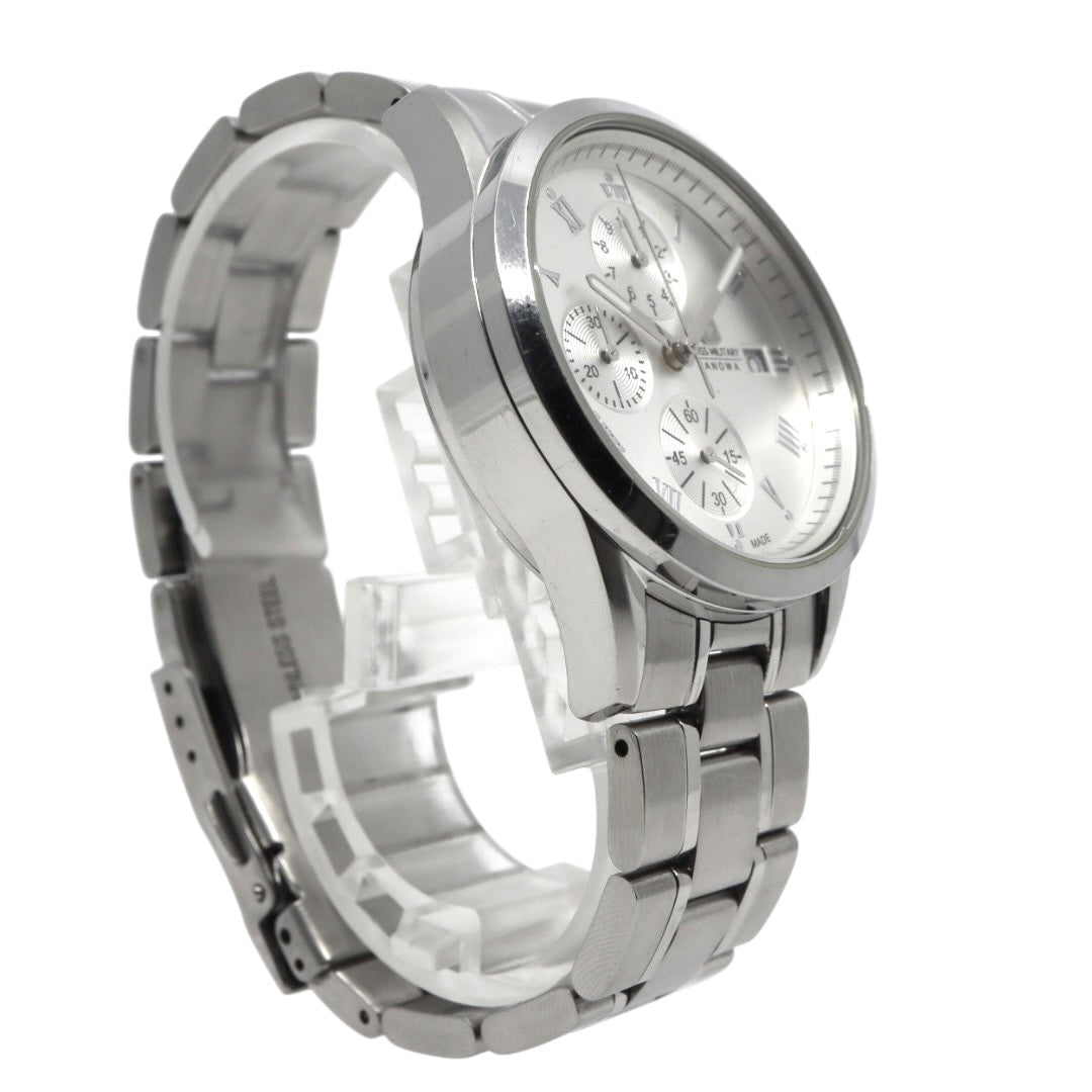 【電池交換済】スイスミリタリー ハノワ 腕時計 06-5219 クロノグラフ メンズ クオーツ シルバー文字盤 デイト表示 アナログ ローマンインデックス ビジネス カジュアル スポーツ エレガント スイス製 クリーニング済み G3