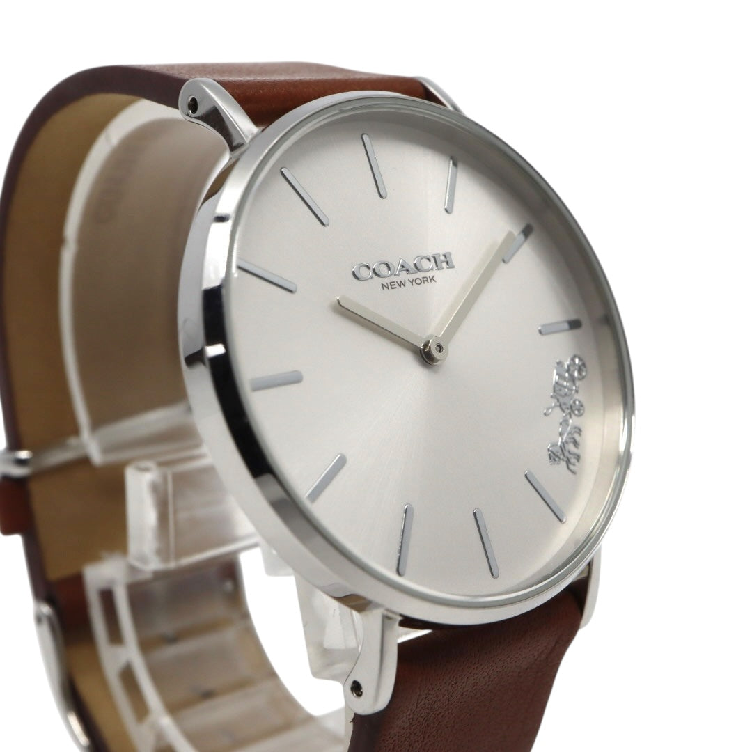 未使用級 美品 電池交換済 コーチ COACH ペリー PERRY 腕時計 CA.120.7.14.1596 レディースウォッチ クォーツ シルバー文字盤 ブラウン レザーベルト アナログ シンプル エレガント クラシック ビジネス 普段使い 稼働品 G3