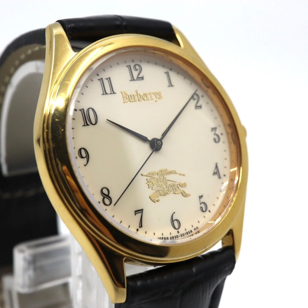 【美品 電池交換済 新品ベルト】バーバリー Burberrys 腕時計 4631-E66076 TA メンズウォッチ クォーツ ゴールドケース アイボリー文字盤 ブラックレザー アナログ クラシック ビンテージ ドレスウォッチ エレガント 稼働品 G3