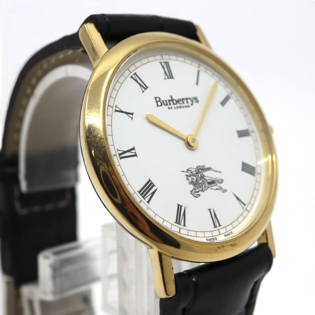 美品 電池交換済 新品ベルト バーバリー Burberrys 6000G 腕時計 メンズウォッチ クォーツ ゴールド ホワイト文字盤 ローマンインデックス ホースロゴ クラシック ヴィンテージ エレガント ドレスウォッチ 稼働品 G3