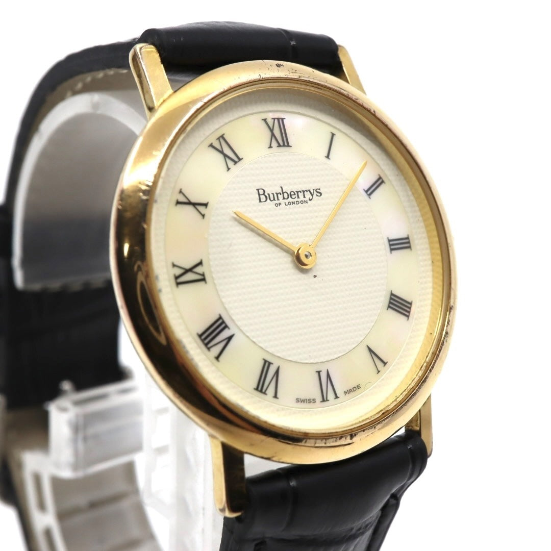 美品 電池交換済 新品ベルト バーバリー Burberrys 6000G 腕時計 メンズウォッチ クォーツ ゴールド シェル文字盤 アイボリー ローマンインデックス クラシック ヴィンテージ エレガント ドレスウォッチ 稼働品 G3