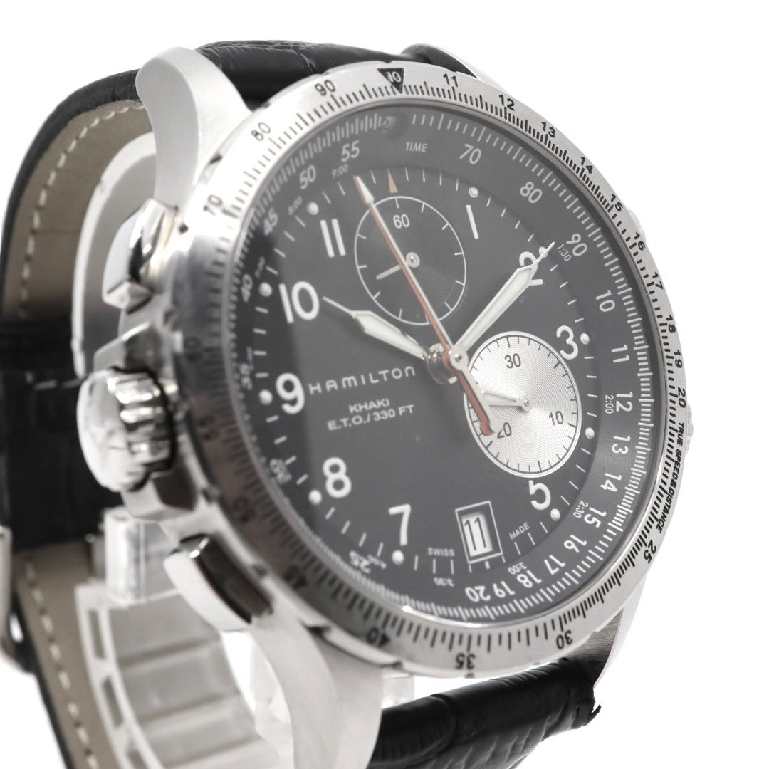 極美品 電池交換済 ハミルトン HAMILTON Estimate Time Over　カーキ E.T.O. H776120 腕時計 メンズ クロノグラフ クォーツ 黒文字盤 レザー アナログ アビエーション パイロットウォッチ スイス製 G3