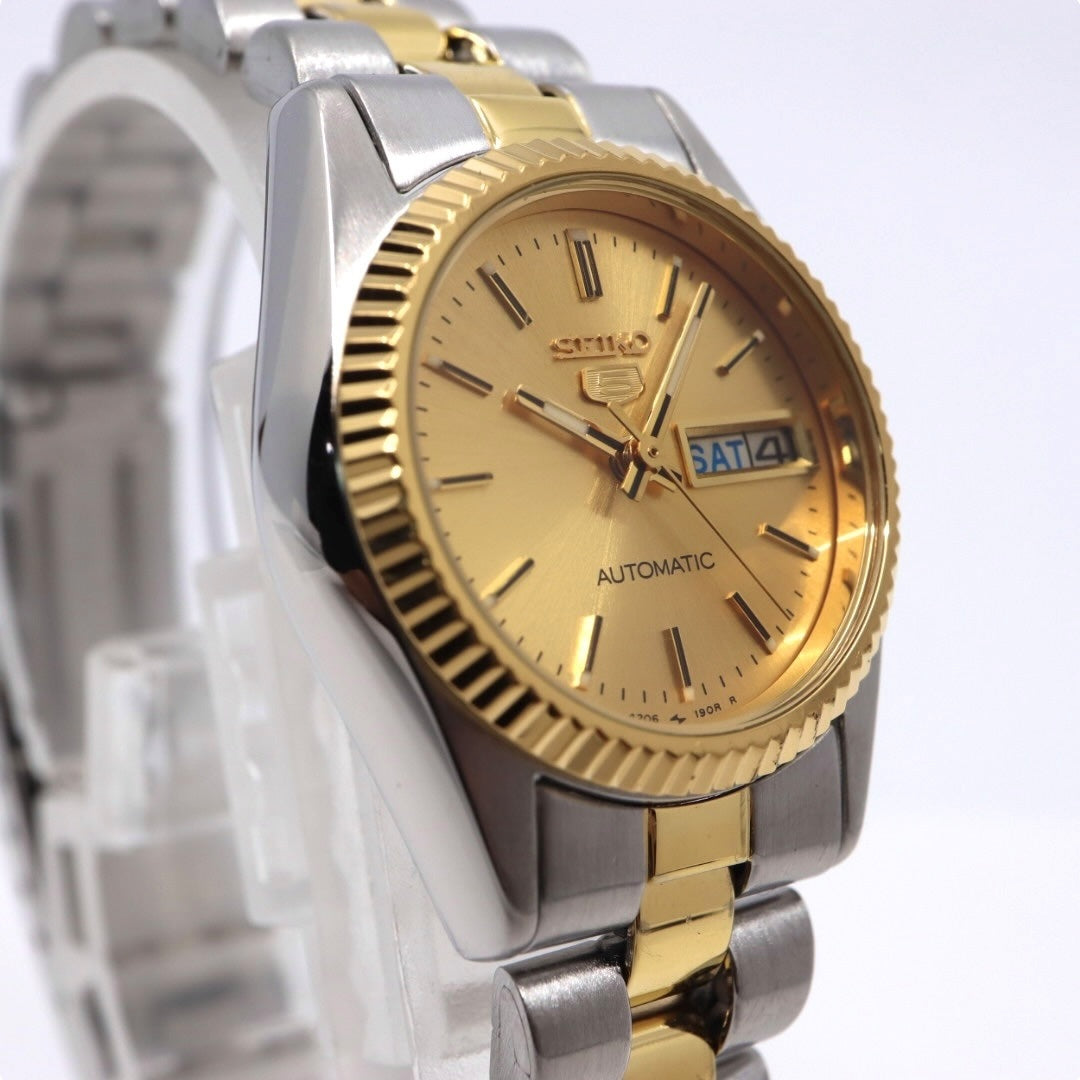 【未使用級/美品/稼働品】セイコー SEIKO 5 レディース腕時計 4206-0510 自動巻き オートマチック デイデイト ゴールド文字盤 コンビブレス フルテッドベゼル アナログ クラシック ビンテージ エレガント クリーニング済 G2