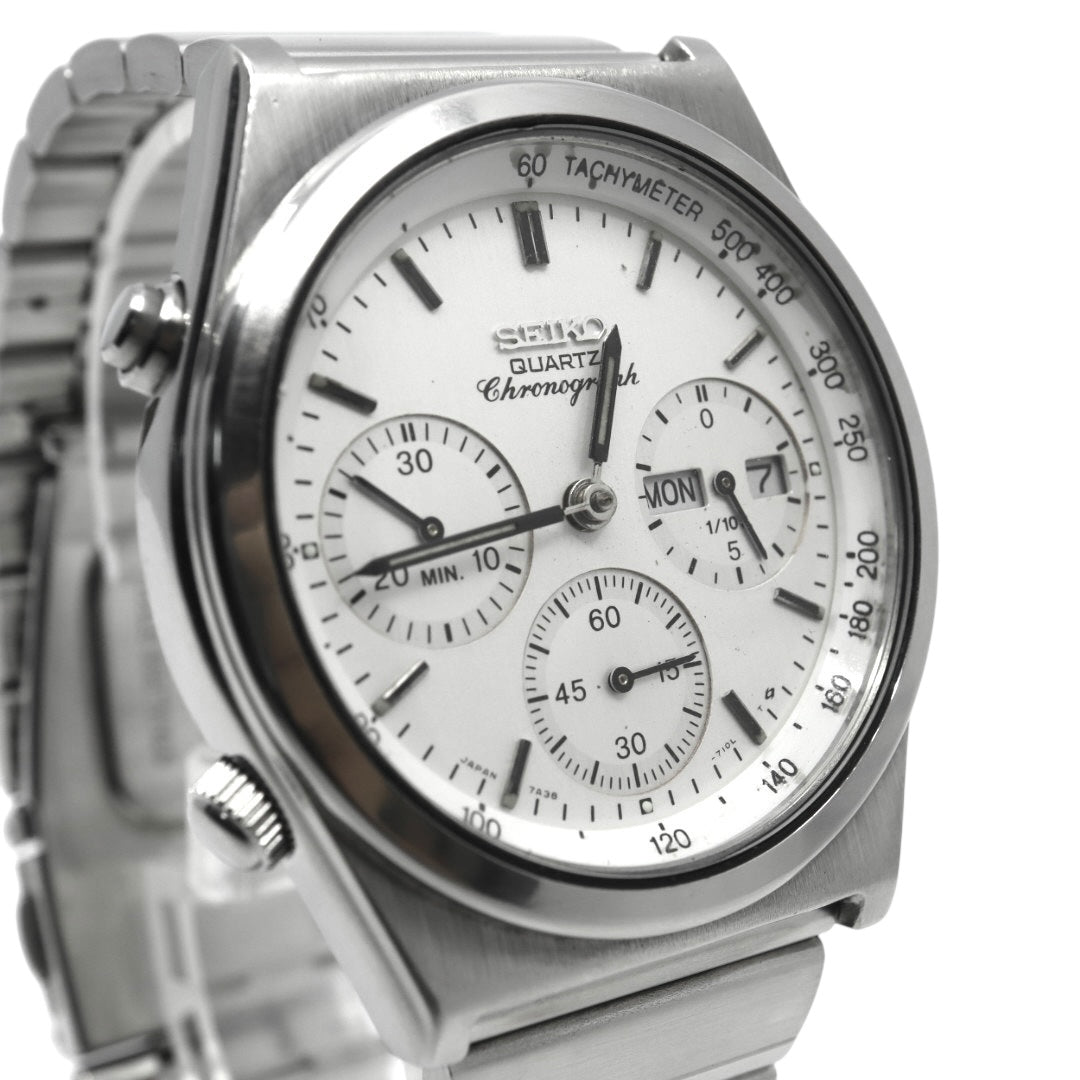 【美品/稼働品/電池交換済】セイコー SEIKO クロノグラフ 7A38-7280 メンズ腕時計 クオーツ アナログ デイデイト タキメーター ホワイト文字盤 シルバー ヴィンテージ 80年代 レトロ クリーニング済 G2