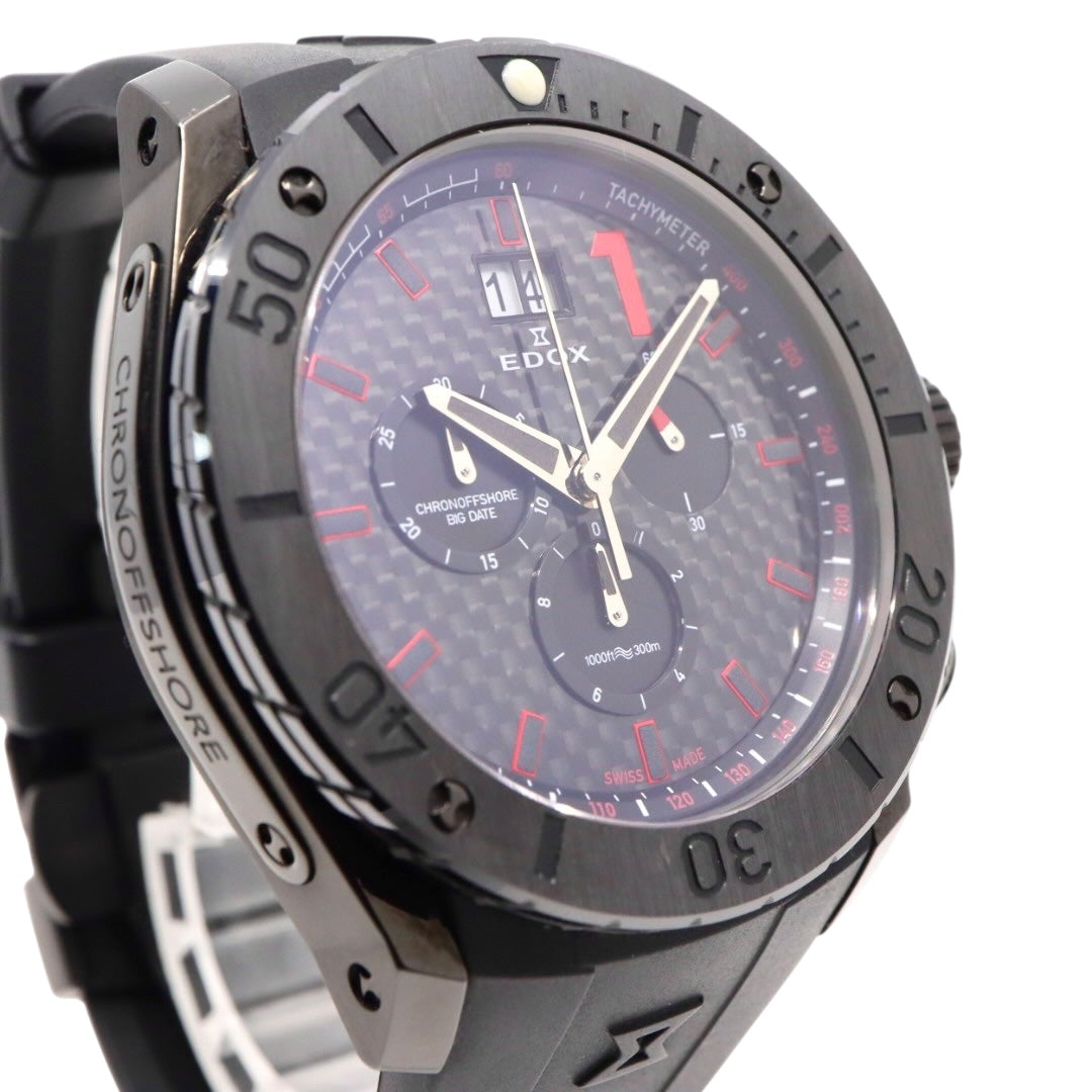 【新品同様/稼働品】エドックス EDOX クロノオフショア1 10020 メンズ腕時計 クオーツ クロノグラフ ビッグデイト カーボンダイヤル ブラック 300m防水 ダイバーズウォッチ パワーボート スイス製 スポーティ エレガント G7