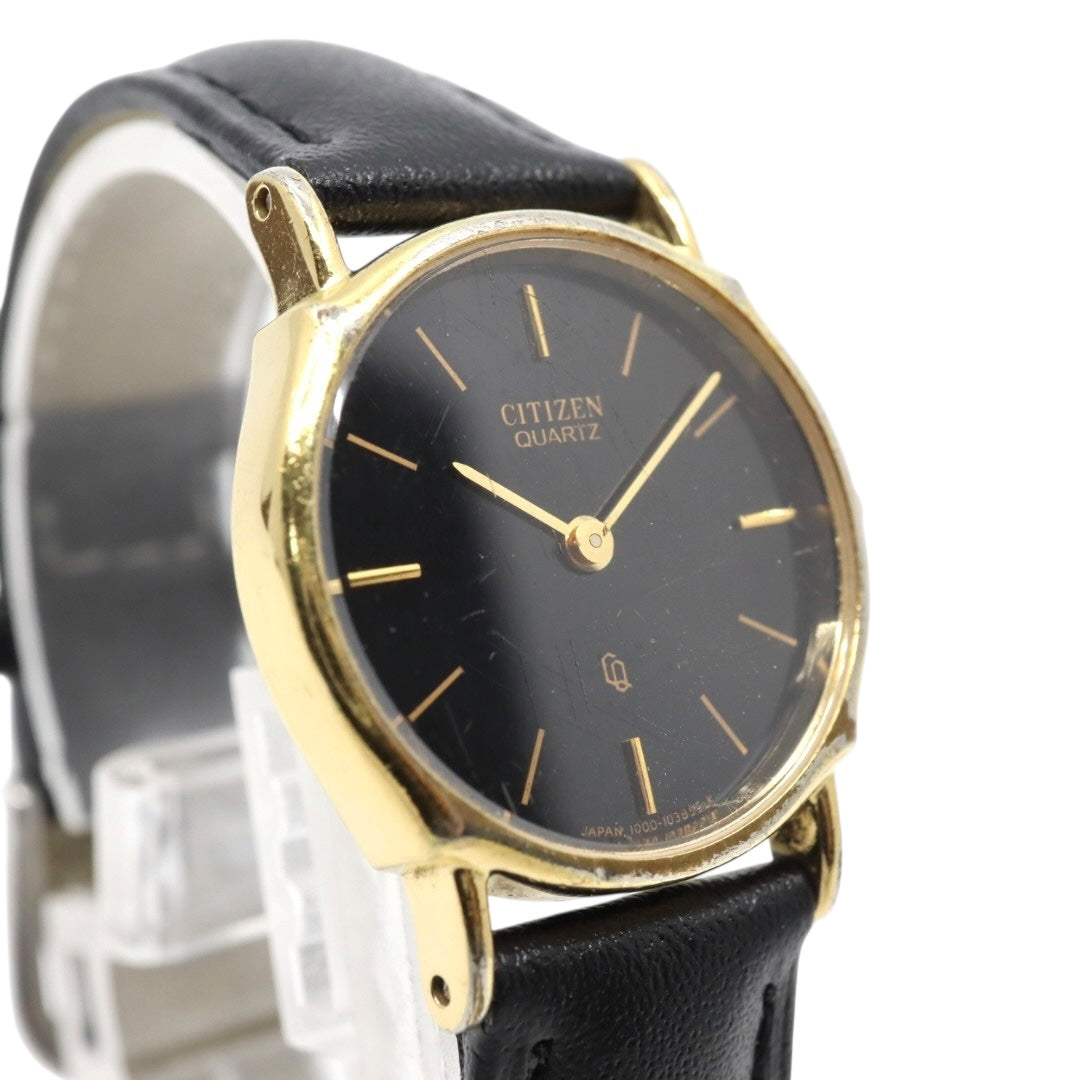 citizen シチズン クオーツ 腕時計 4-102321Y ゴールド ブラック文字盤 ラウンドケース レザーベルト レディース ヴィンテージ