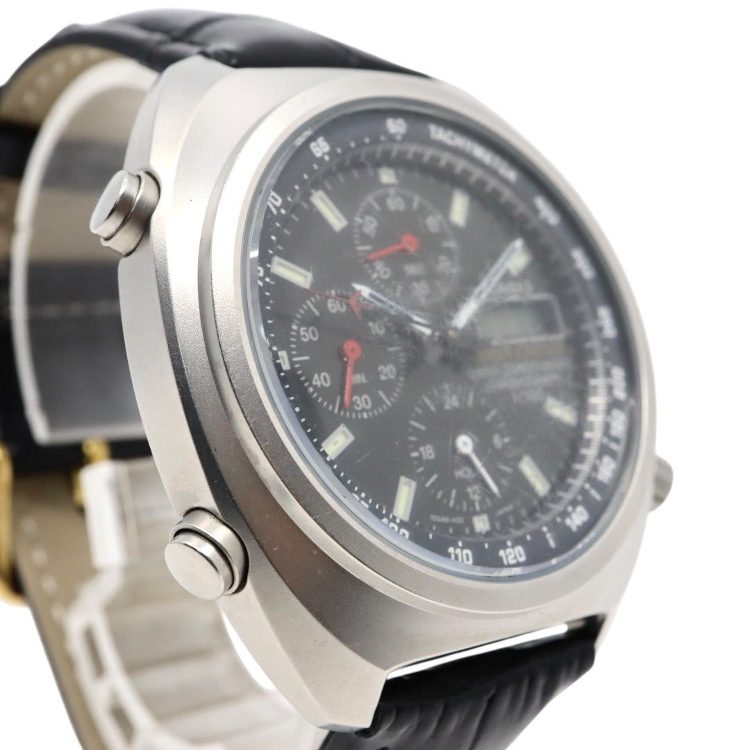 【稼働品】カシオ ティンバークルーザー TIC-100 腕時計 メンズ アナデジ クロノグラフ 20気圧防水 クオーツ ステンレス レザーベルト ブラック 黒文字盤 シルバー ヴィンテージ 希少 レトロ アウトドア G9