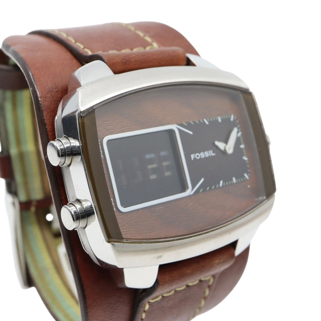 【美品/稼働品】フォッシル 腕時計 JR-9633 アナデジ ウッド調文字盤 カフレザー ワイドベルト ブラウン シルバー メンズ クオーツ ヴィンテージ レトロ 個性的 デザインウォッチ ストリート カジュアル G9