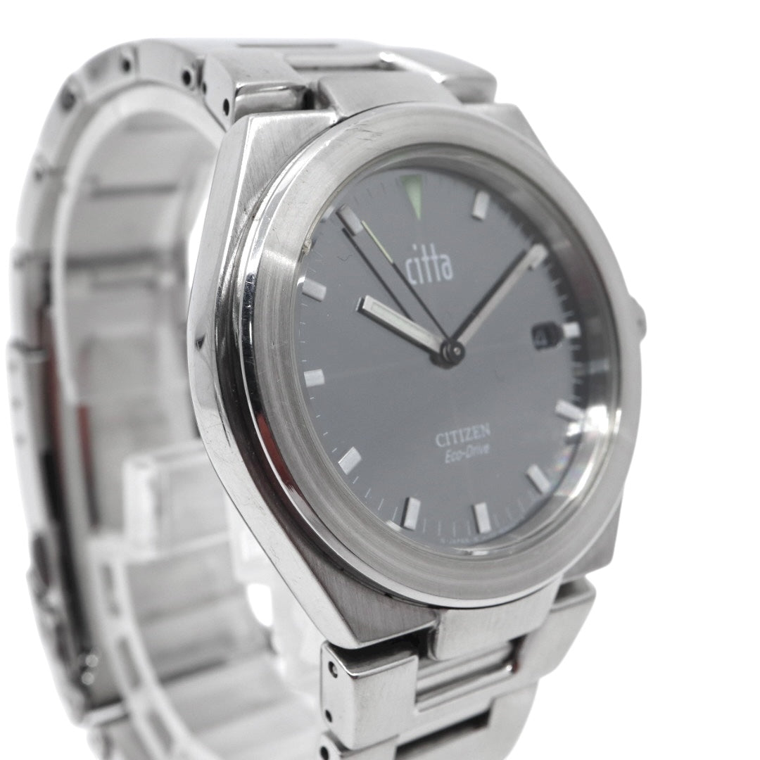 【美品/稼働品】シチズン チッタ Citta エコドライブ 腕時計 A160-H15696 メンズ ソーラー デイト ブラック文字盤 シルバー ステンレス ビジネス カジュアル シンプル ファッション ウォッチ G10 citizen