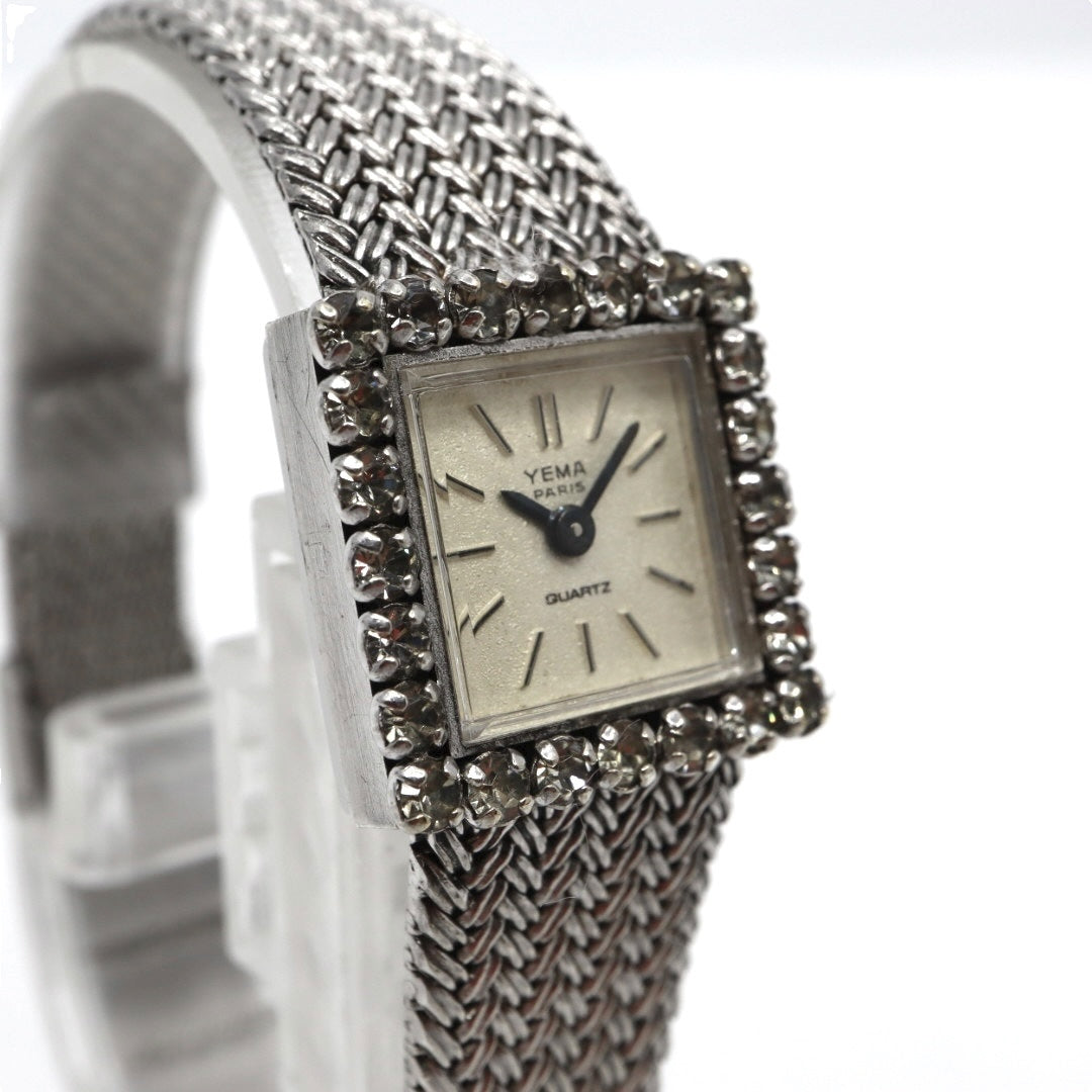 【美品/電池交換済】イエマ YEMA 腕時計 P7307 レディース スクエア ラインストーンベゼル クオーツ シルバー メッシュベルト ブレスレット ジュエリーウォッチ ドレスウォッチ アンティーク ビンテージ クラシック エレガント G10