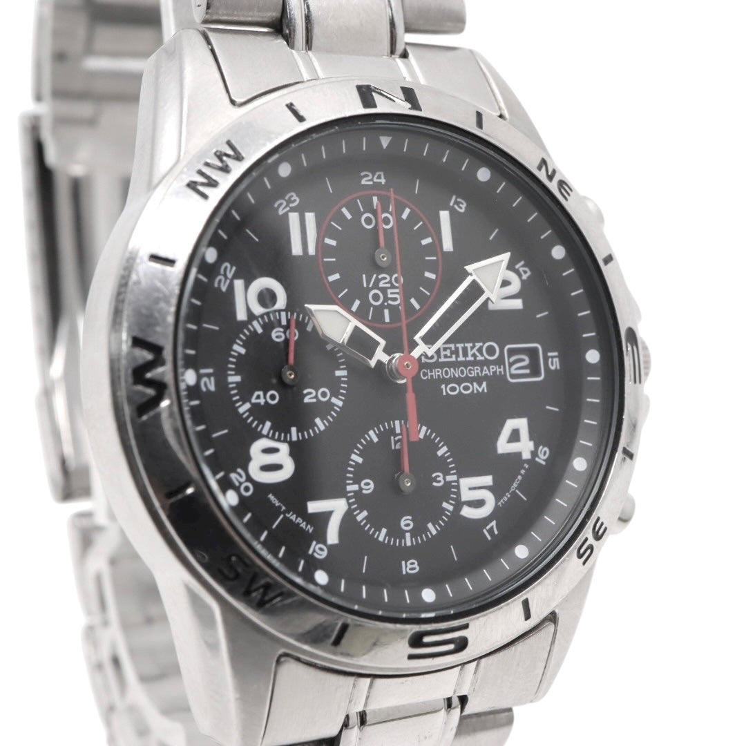 【美品/電池交換済】セイコー クロノグラフ 7T92-0DX0 腕時計 メンズ 100M防水 クオーツ ステンレス ブラック文字盤 シルバー アナログ デイト表示 方位計 スポーツウォッチ ビジネス カジュアル ファッション G10