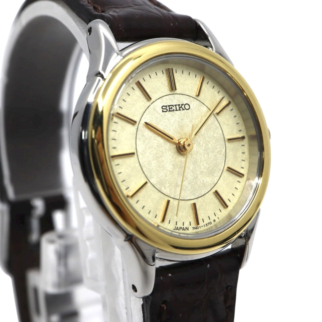 SEIKO セイコー 7N01-6881 ゴールドトーン ベゼル テクスチャー文字盤 クォーツ レディース ステンレス レザーベルト 上品 エレガント ウォッチ G11