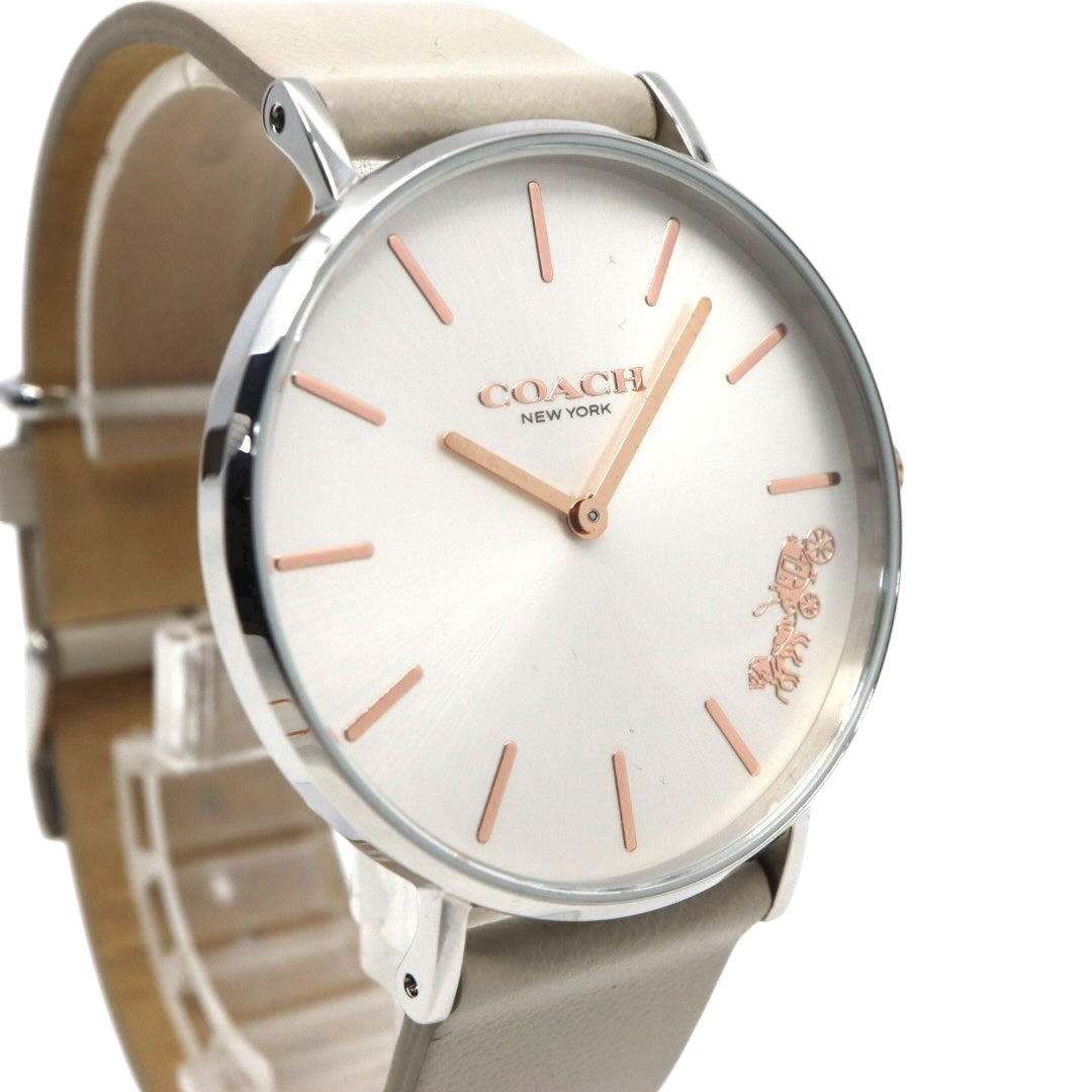 【未使用級】コーチ COACH 腕時計 レディース ペリー Perry シルバー グレージュ レザー CA.120.7.1594 クォーツ アナログ 2針 シンプル オフィス ビジネス 通勤 通学 エレガント 上品 クラシック 大人 馬車ロゴ 美品 G11