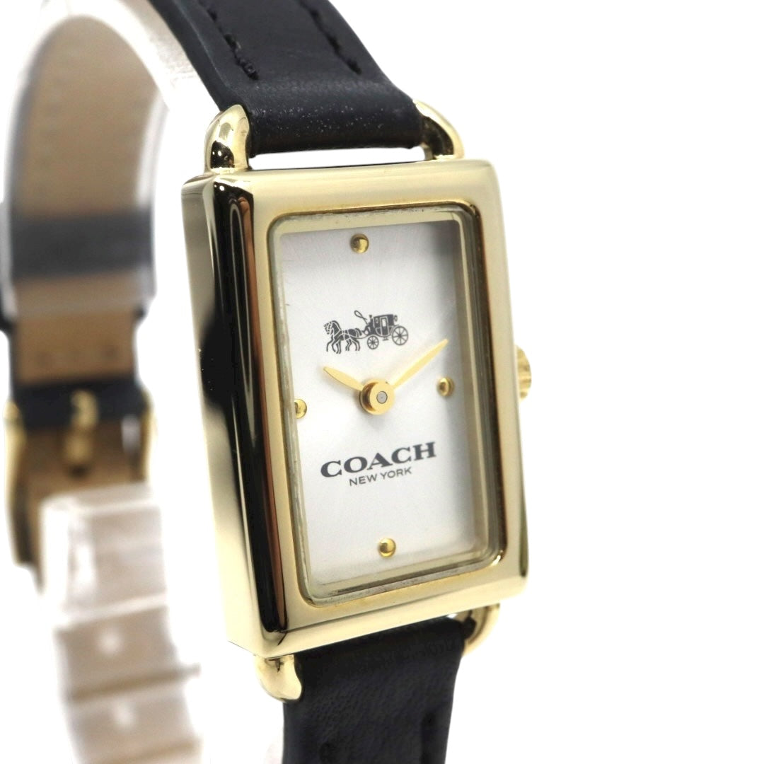 【美品】コーチ COACH 腕時計 レディース Cadie キャディ ゴールド シルバー ブラック レザー レクタンギュラー スクエア CA.144.7.34.3634 クォーツ アナログ 2針 シンプル クラシック エレガント 上品 アールデコ調 G11