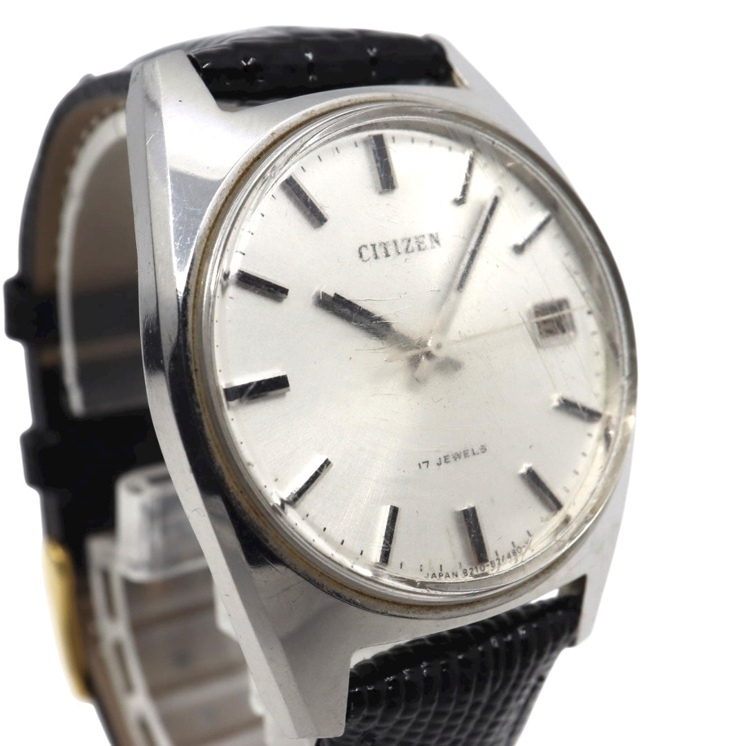 【美品】CITIZEN 手巻き 17JEWELS ヴィンテージ デイト付き メンズ 腕時計 シルバー文字盤 クラシックデザイン シチズン G11