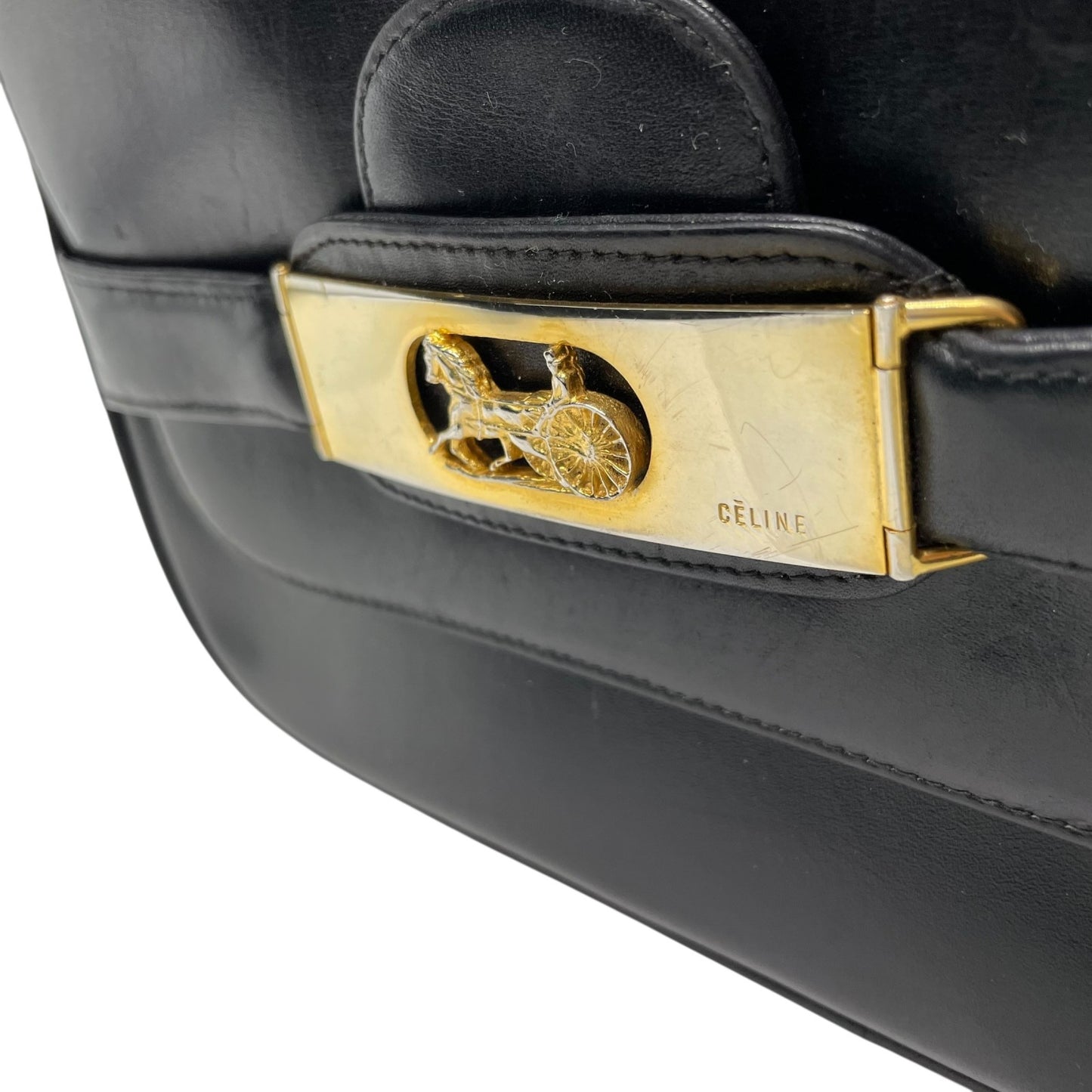 Authentic CELINE Shoulder Bag Black Leather Horse Carriage Gold Hardware Vintage Women's Crossbody