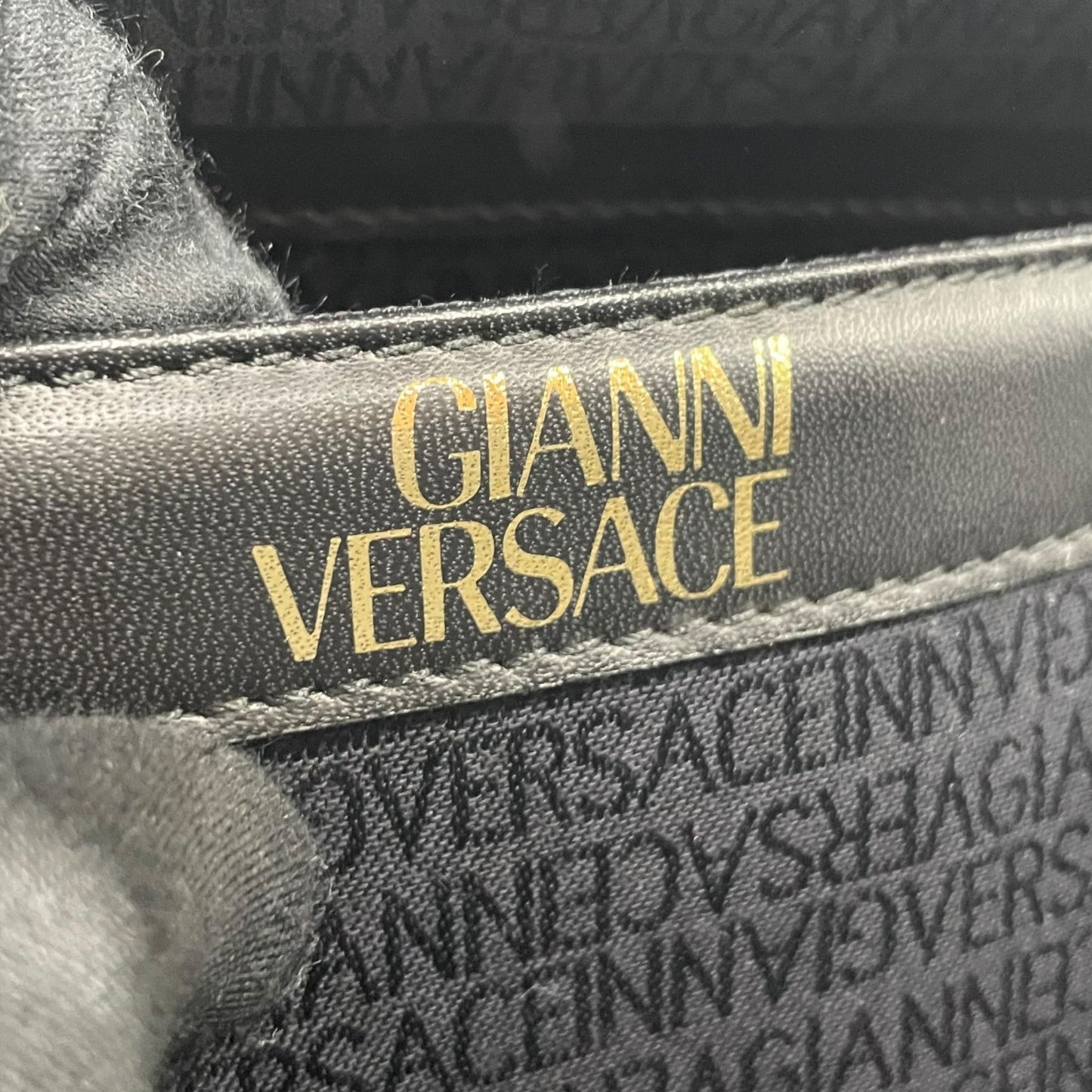 Authentic GIANNI VERSACE Vintage Mini Handbag Tote Black Leather Gold Hardware Fringe Tassel Women