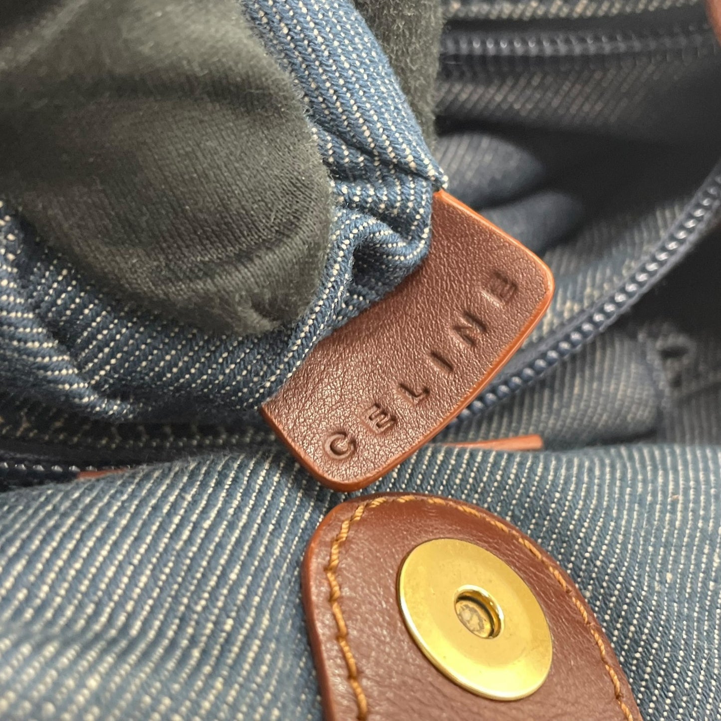 Authentic CELINE Pari Macadam Triomphe Denim Leather Handbag Brown Hardware