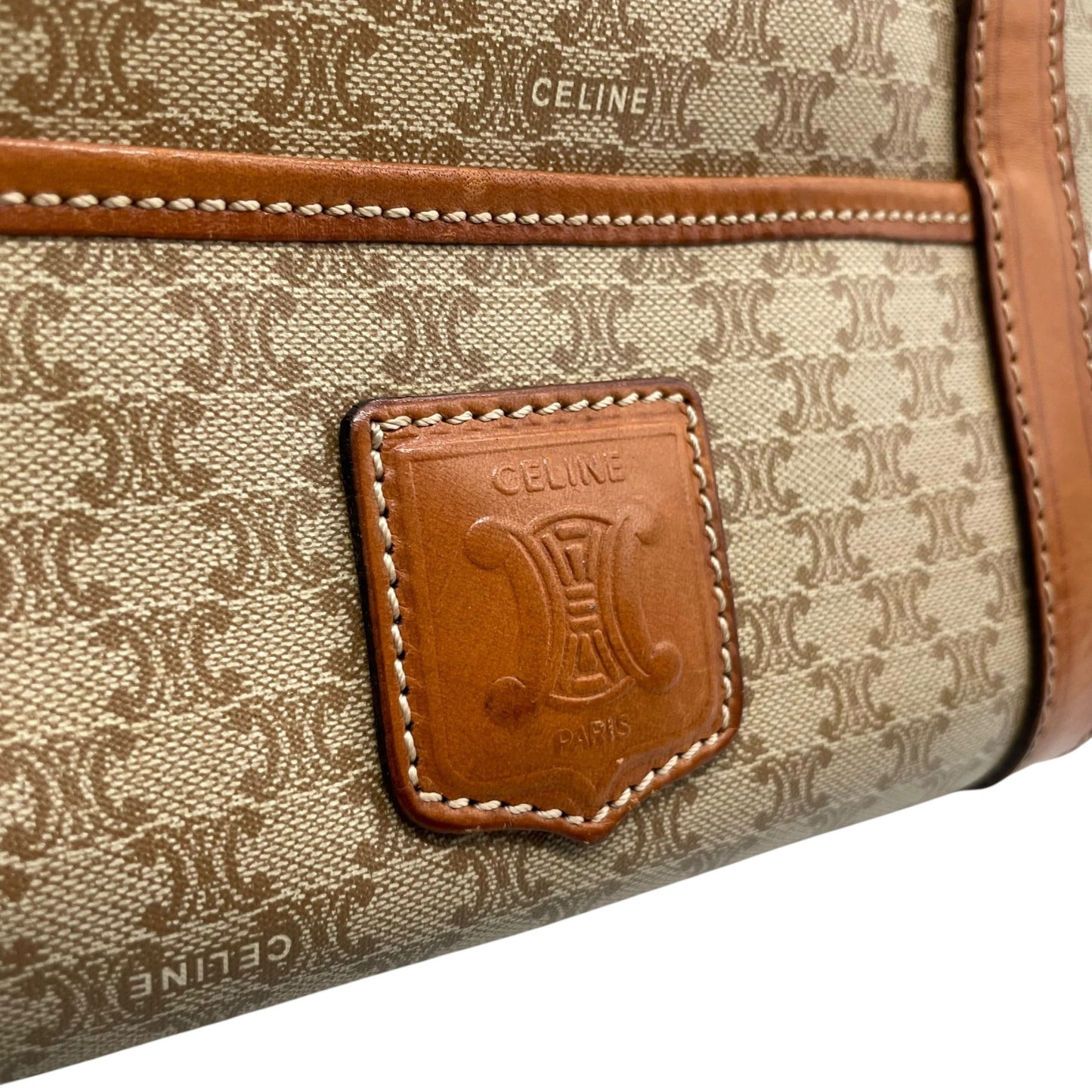 美品 セリーヌ CELINE マカダム柄 ボストンバッグ ハンドバッグ ブラウン 茶色 ベージュ トリオンフロゴ PVC×レザー ヴィンテージ 大容量 バッグ B