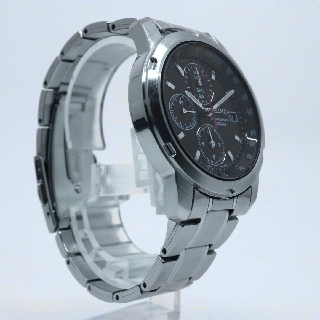 極美品 SEIKO セイコー 腕時計 クロノグラフ 7T92-0BF0 メンズ クオーツ 100M防水 ブラックダイヤル シルバー デイト タキメーター スポーツ ビジネス カジュアル 日本製ムーブメント クリーニング済み G4