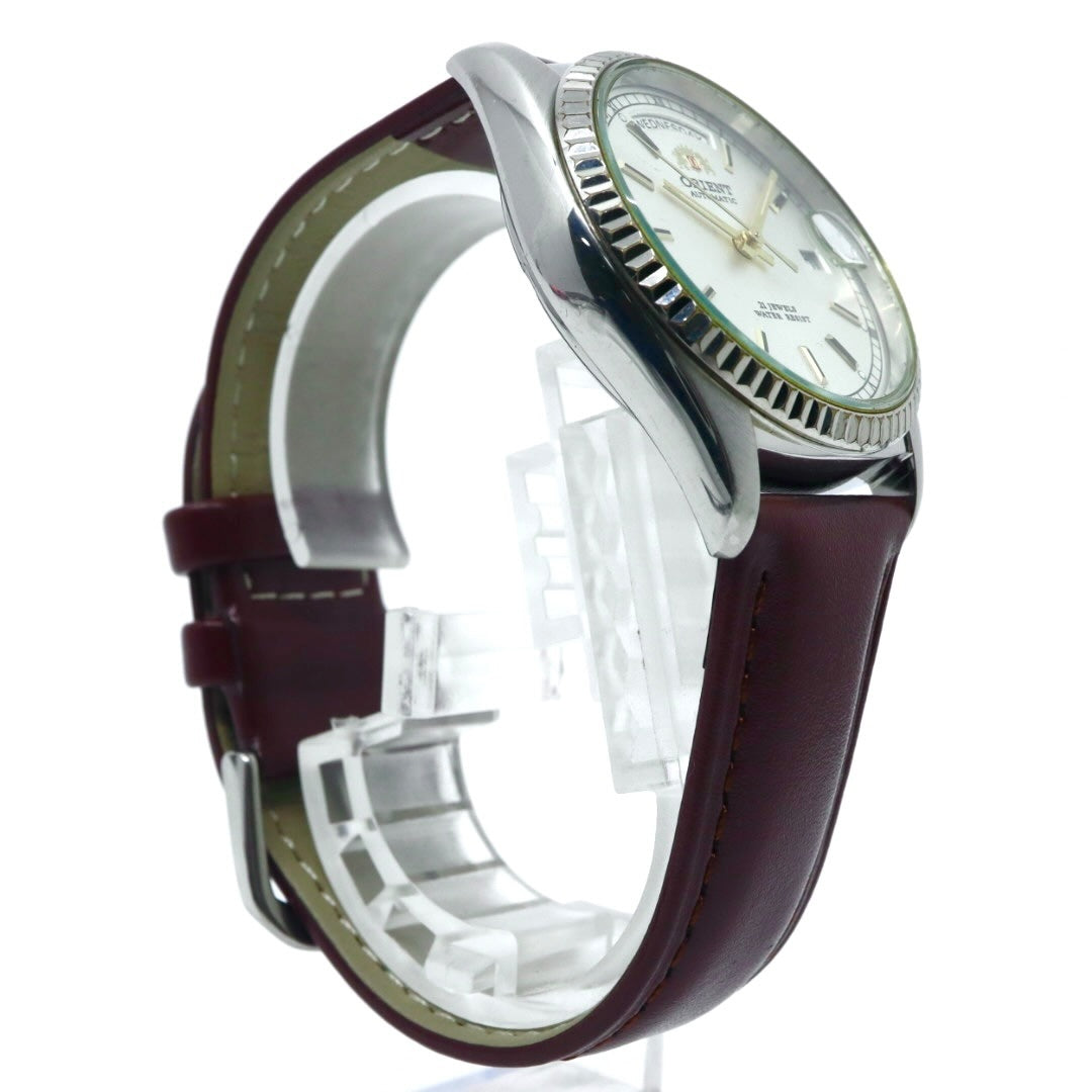 【極美品】 稼働品 新品ベルト ORIENT オリエント 腕時計 46E701-91 自動巻き 21石 デイデイト シルバーダイヤル メンズ アナログ ドレスウォッチ フルーテッドベゼル クラシック ヴィンテージ ビジネス ブラウンレザー G4