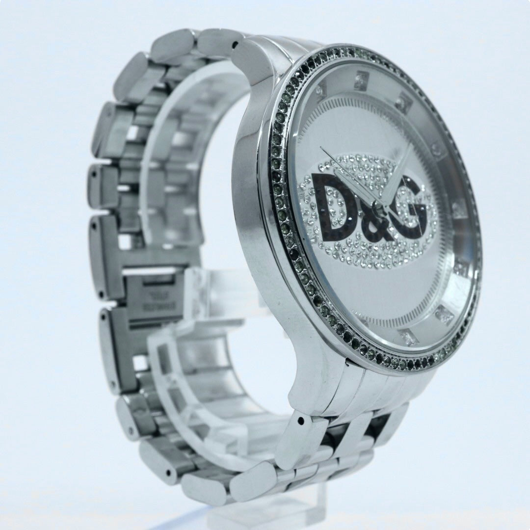 【電池交換済】D&G ドルチェ＆ガッバーナ 腕時計 ラインストーン D&Gロゴ メンズ レディース ユニセックス クオーツ アナログ シルバー ブレスレットウォッチ ドレスウォッチ ゴージャス エレガント ラグジュアリー クリーニング済み G2