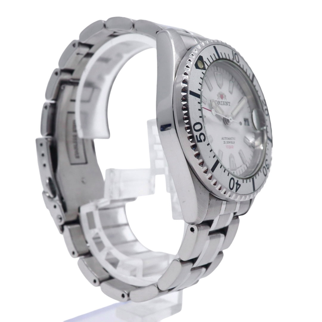 【美品】 orient オリエント キングマスター 腕時計 ER14-C2 自動巻き 21石 ダイバーズデザイン 10気圧防水 メンズ アナログ ホワイトダイヤル シルバー 回転ベゼル スポーツウォッチ ステンレス G2