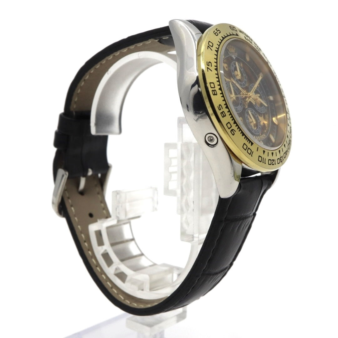 【極美品】ジョン・ハリソン J.Harrison 腕時計 JH-003C スケルトン 自動巻き ゴールド ブラック メンズ レザーベルト アナログ タキメーターベゼル シースルーバック クラシック ゴージャスデザイン G2