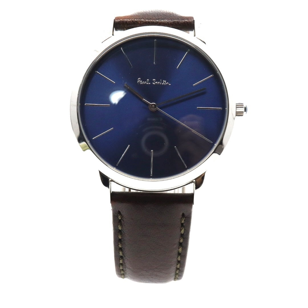 美品 【電池交換済】ポールスミス Paul Smith 腕時計 The City 1009 メンズ クオーツ アナログ ブルーダイヤル ブラウンレザーベルト シルバーケース シンプル クラシック ビジネス ドレスウォッチ エレガント クリーニング済み G2