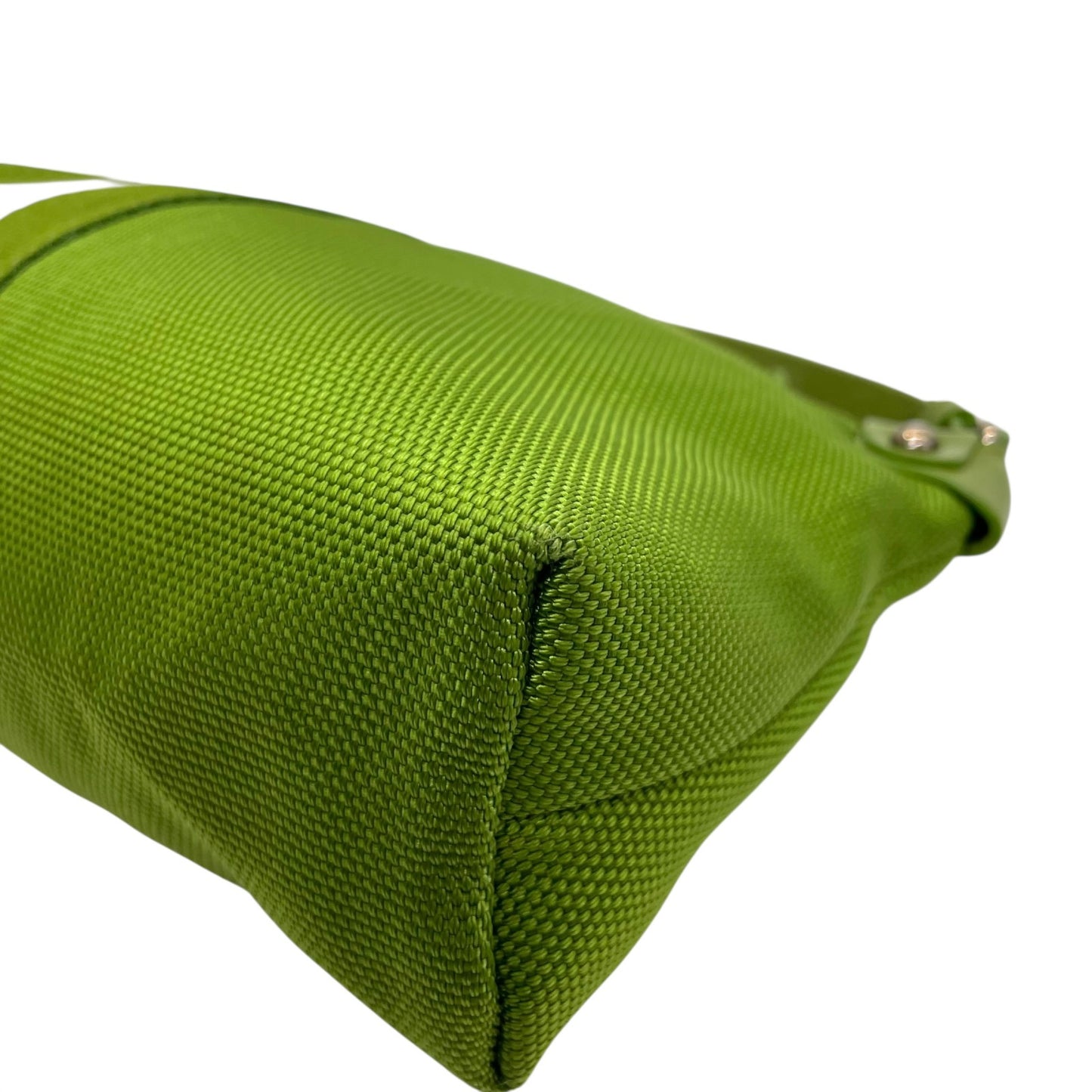 美品 バリー BALLY ハンドバッグ ヘリージ グリーン 黄緑 キャンバス レザー 横長 Y2K ストライプ 手提げ シルバー金具 S84