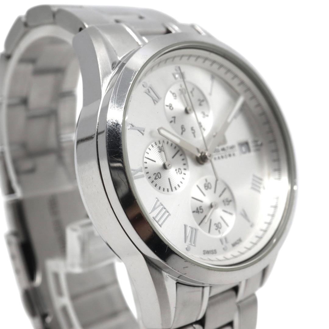 【電池交換済】スイスミリタリー ハノワ 腕時計 06-5219 クロノグラフ メンズ クオーツ シルバー文字盤 デイト表示 アナログ ローマンインデックス ビジネス カジュアル スポーツ エレガント スイス製 クリーニング済み G3