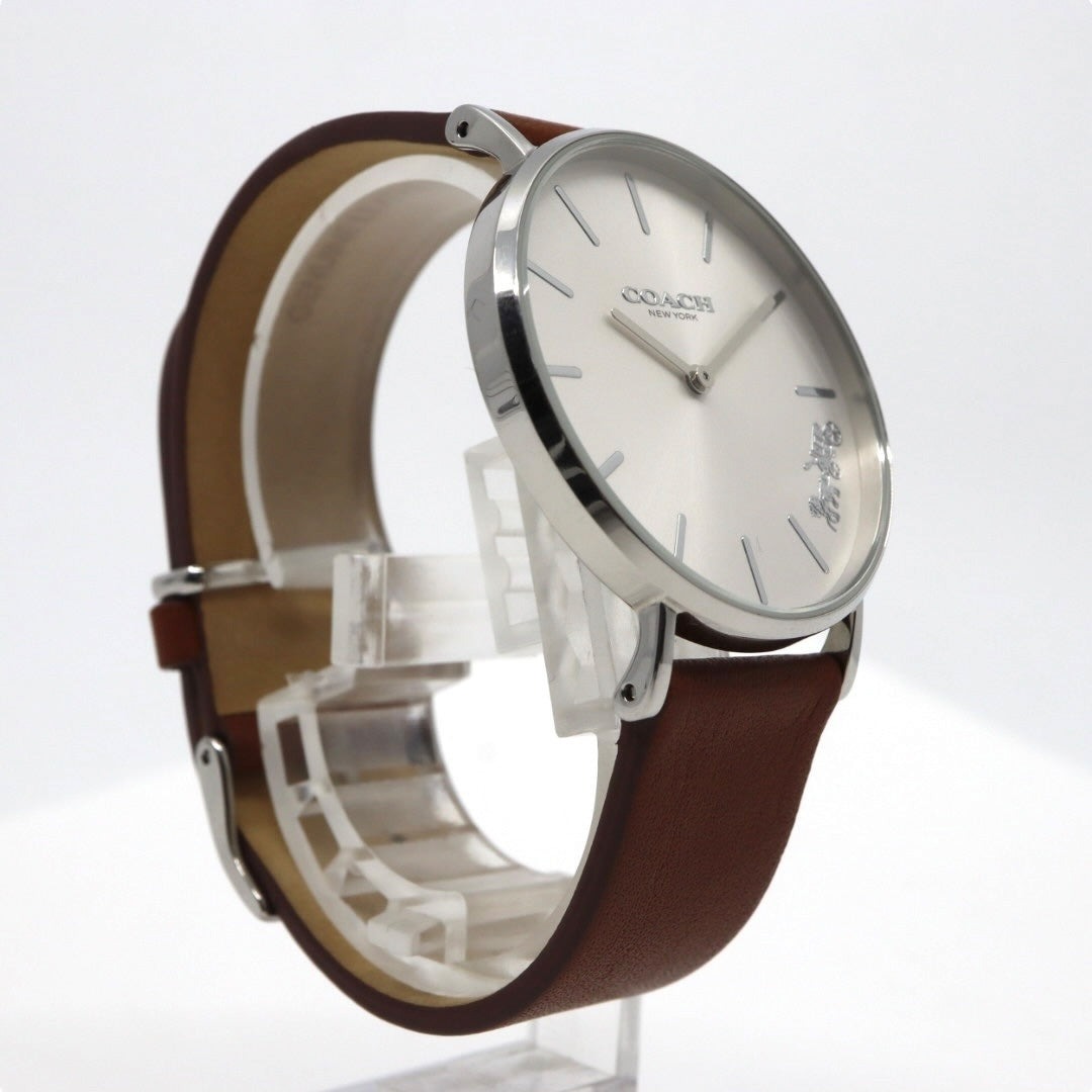未使用級 美品 電池交換済 コーチ COACH ペリー PERRY 腕時計 CA.120.7.14.1596 レディースウォッチ クォーツ シルバー文字盤 ブラウン レザーベルト アナログ シンプル エレガント クラシック ビジネス 普段使い 稼働品 G3