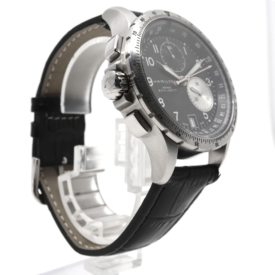 極美品 電池交換済 ハミルトン HAMILTON Estimate Time Over　カーキ E.T.O. H776120 腕時計 メンズ クロノグラフ クォーツ 黒文字盤 レザー アナログ アビエーション パイロットウォッチ スイス製 G3