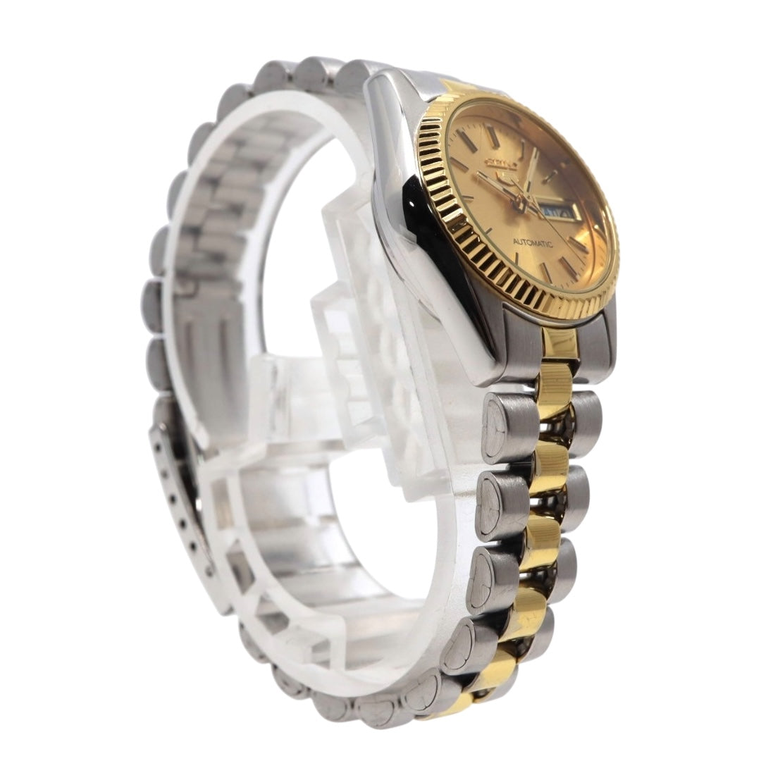 【未使用級/美品/稼働品】セイコー SEIKO 5 レディース腕時計 4206-0510 自動巻き オートマチック デイデイト ゴールド文字盤 コンビブレス フルテッドベゼル アナログ クラシック ビンテージ エレガント クリーニング済 G2