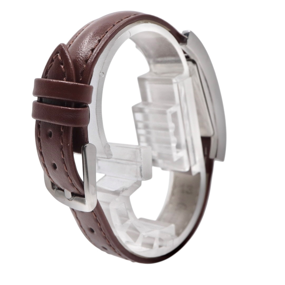 【美品／電池交換済／新品ベルト(社外品)】バーバリー BURBERRY BU1015 レディース腕時計 クオーツ アナログ レクタンギュラー スクエア シルバー ブラウン文字盤 ボルドーレザー クラシック エレガント スイス製 クリーニング済 G2